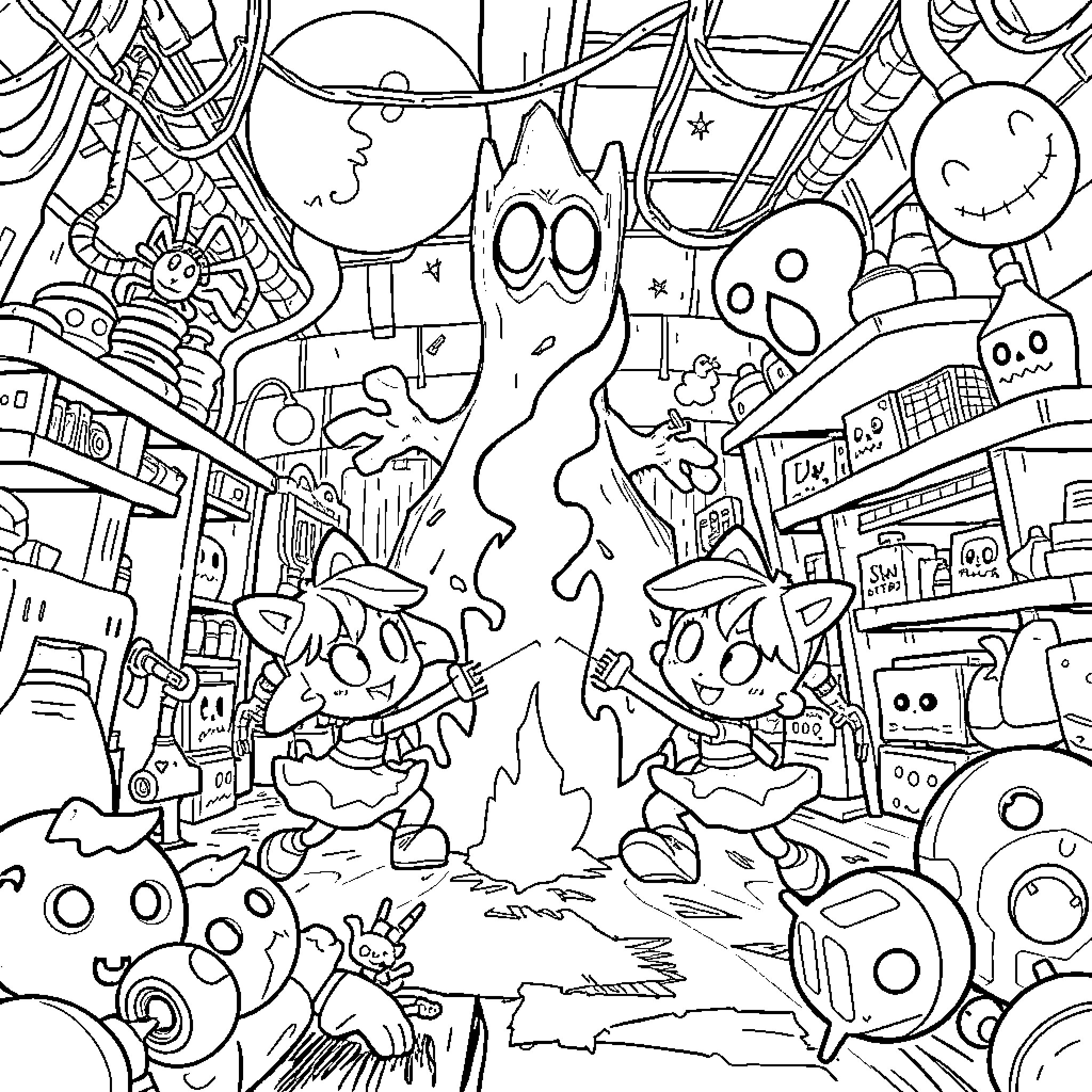 Poppy Playtime: Whimsical Creatures in Chaotic Adventure Coloring Page (free black-and-white line drawing printable PDF for all, from beginners to advanced learners, including children, teens, adults, and seniors)