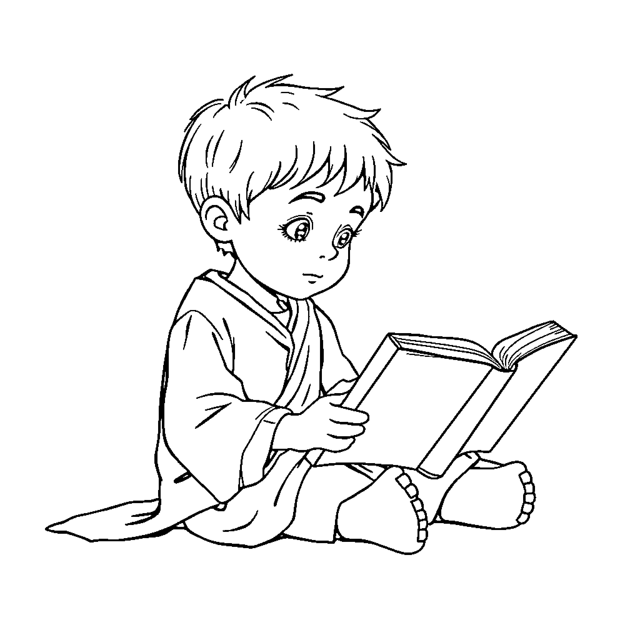 Boy reading a book intently Coloring Page (free black-and-white line drawing printable PDF for all, from beginners to advanced learners, including children, teens, adults, and seniors)