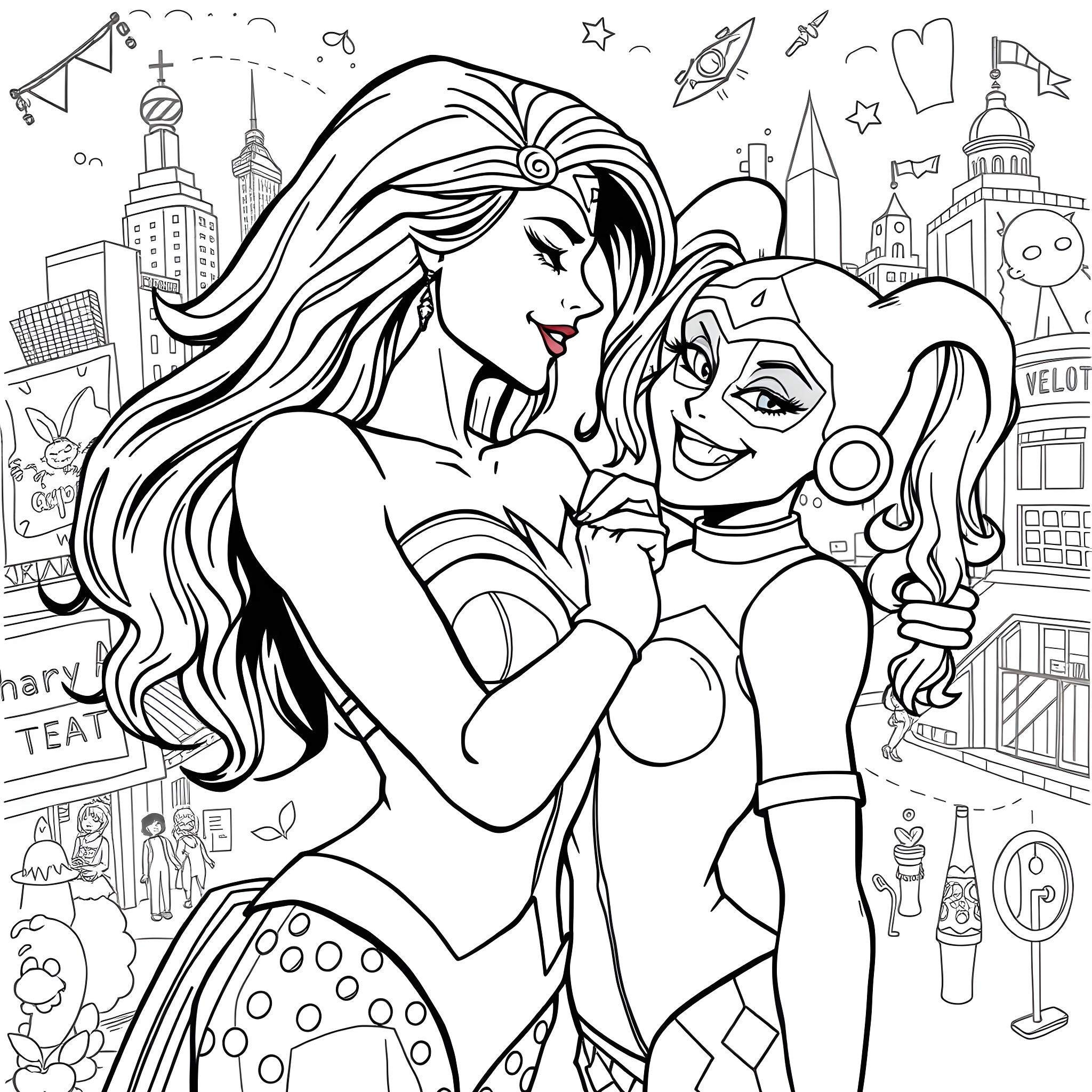 Wonder Woman and Sidekick Embrace in Vibrant City Scene Coloring Page (free black-and-white line drawing printable PDF for all, from beginners to advanced learners, including children, teens, adults, and seniors)