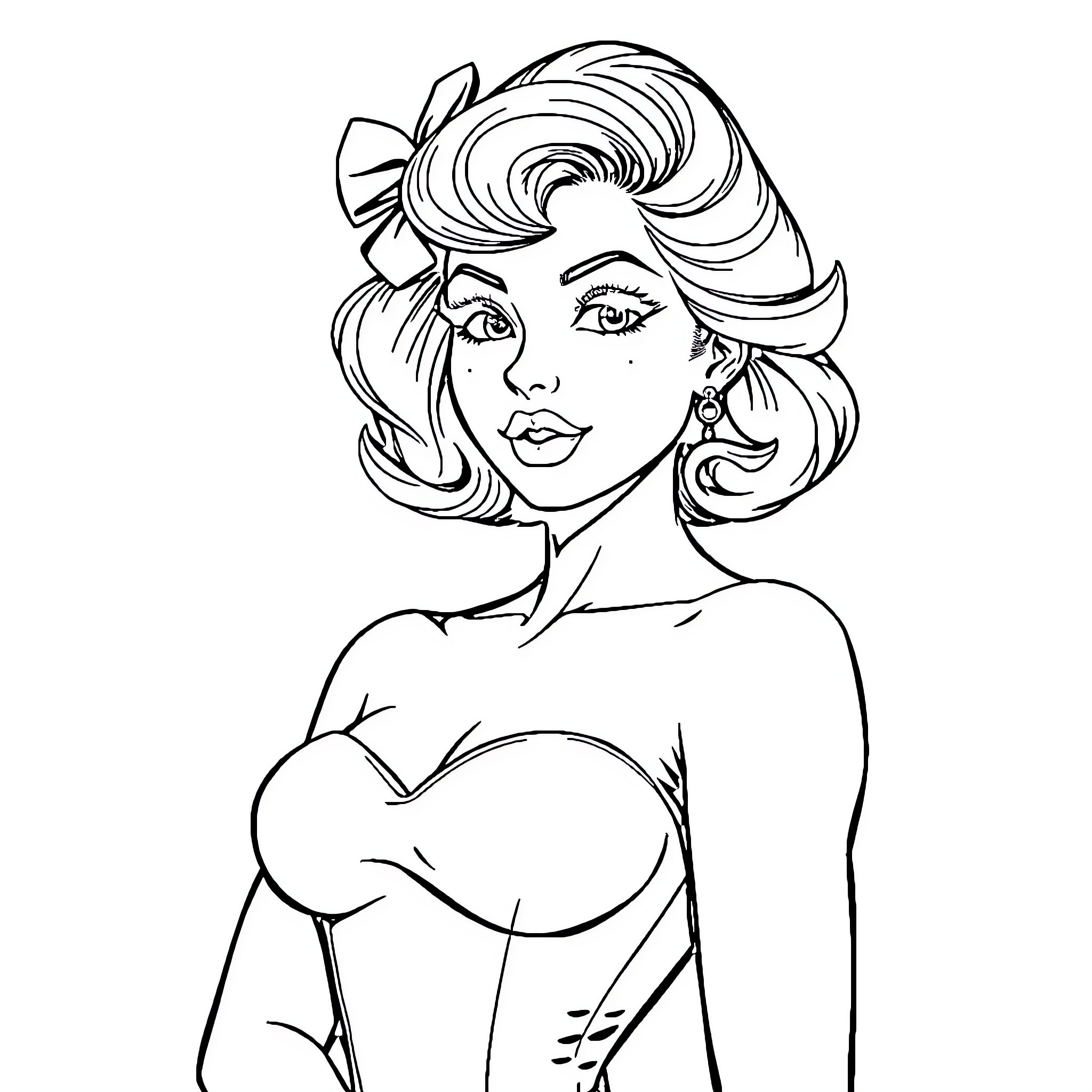 Pin Up Girl in Elegant Pose Coloring Page (free black-and-white line drawing printable PDF for all, from beginners to advanced learners, including children, teens, adults, and seniors)
