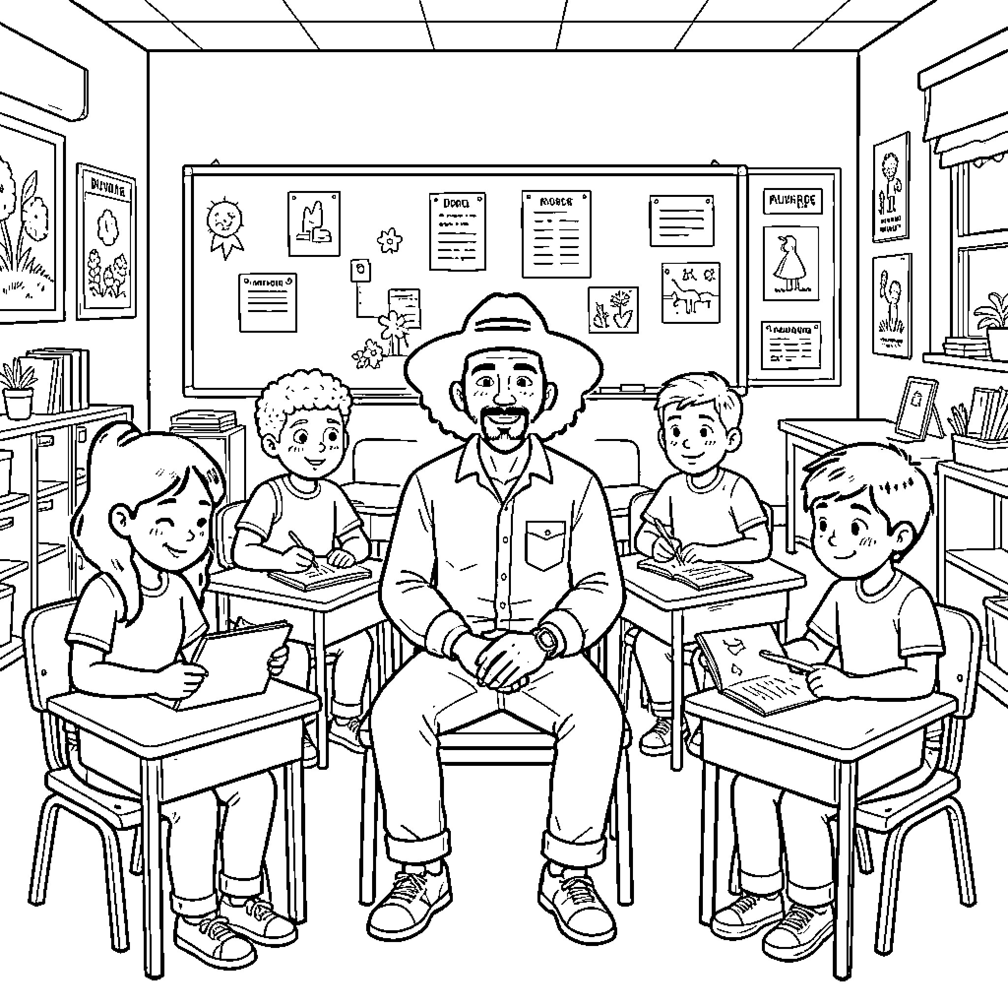 Indio Americano teaching students in classroom Coloring Page (free black-and-white line drawing printable PDF for all, from beginners to advanced learners, including children, teens, adults, and seniors)