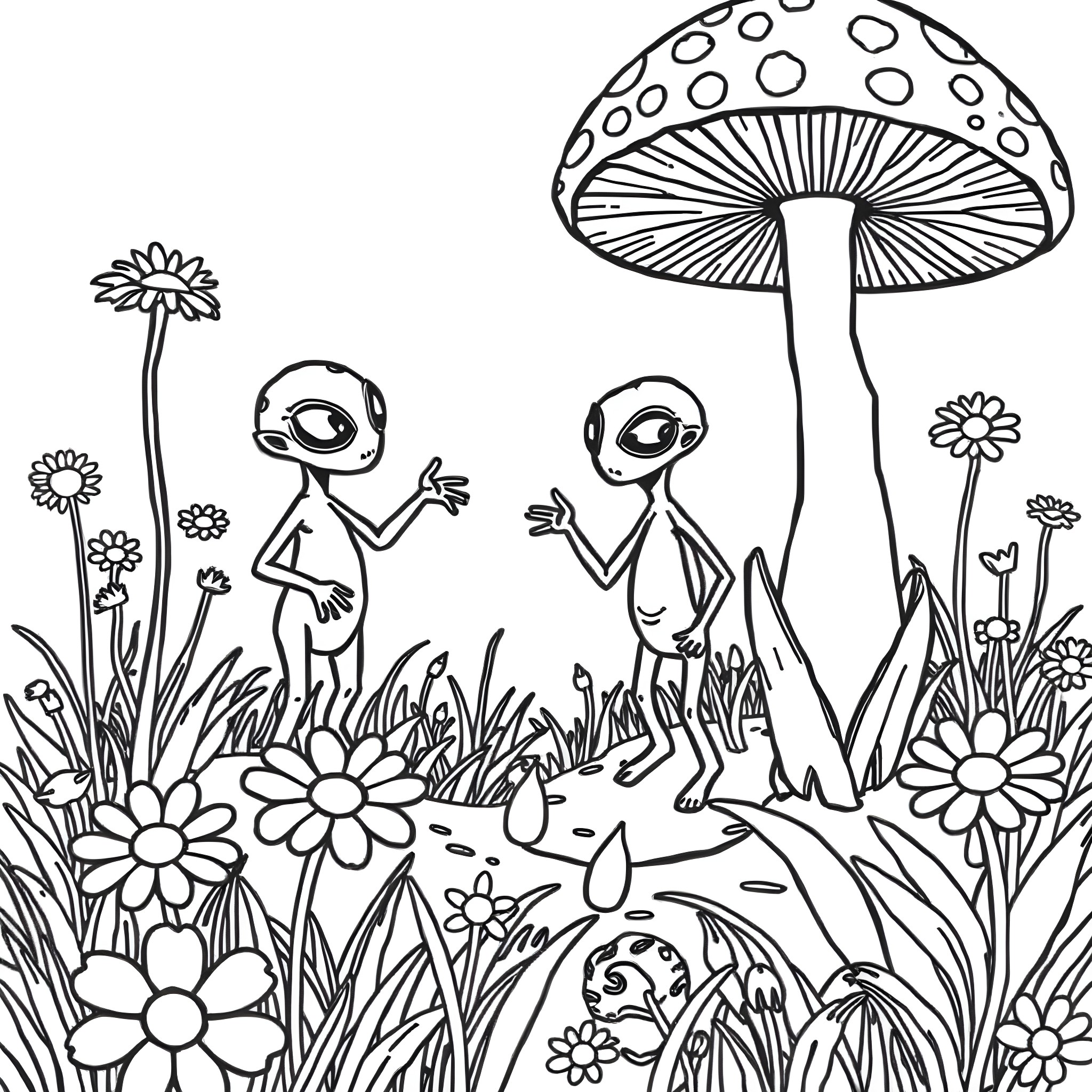 Alien creatures exploring a whimsical mushroom forest Coloring Page (free black-and-white line drawing printable PDF for all, from beginners to advanced learners, including children, teens, adults, and seniors)