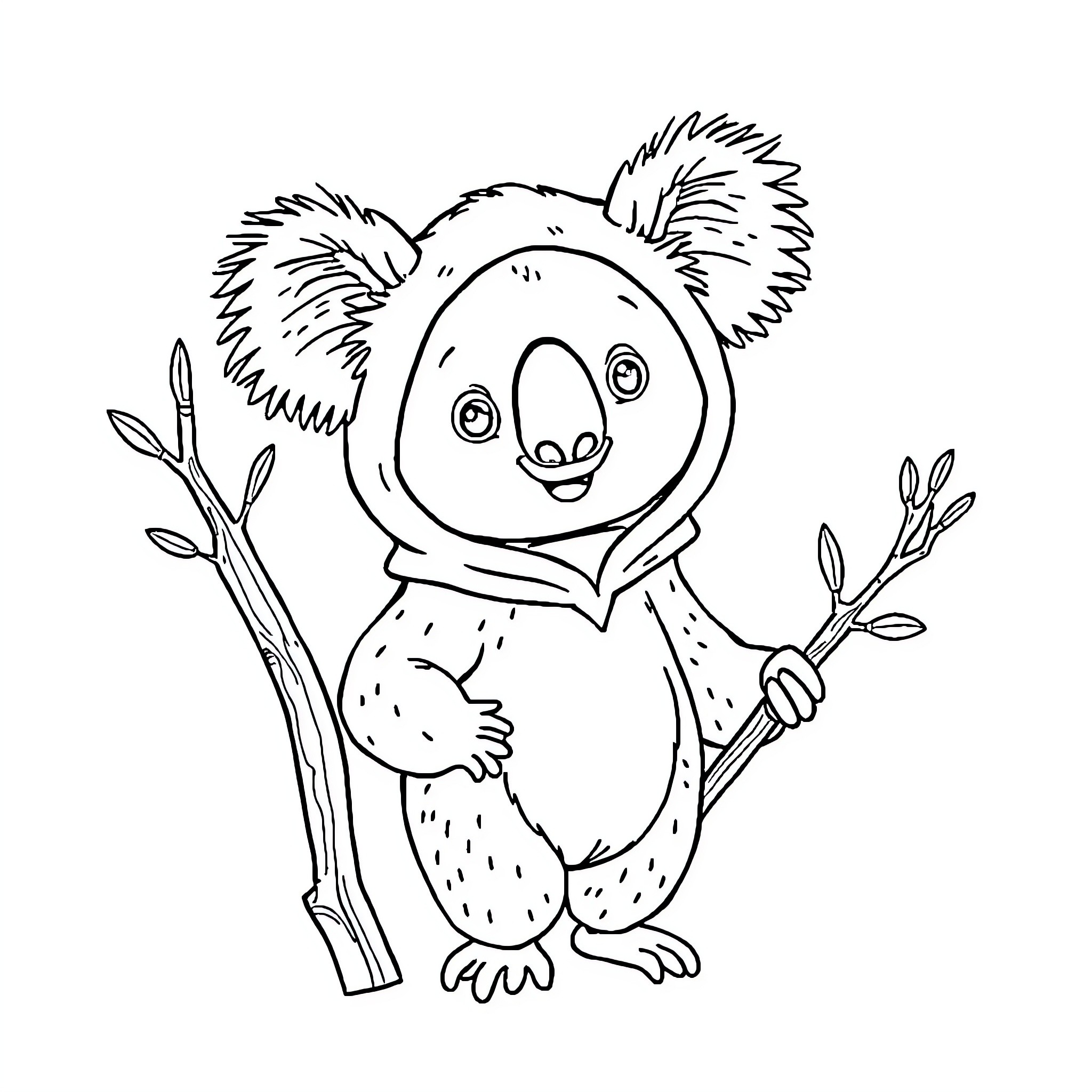 Koala enjoying a playful moment with branches Coloring Page (free black-and-white line drawing printable PDF for all, from beginners to advanced learners, including children, teens, adults, and seniors)