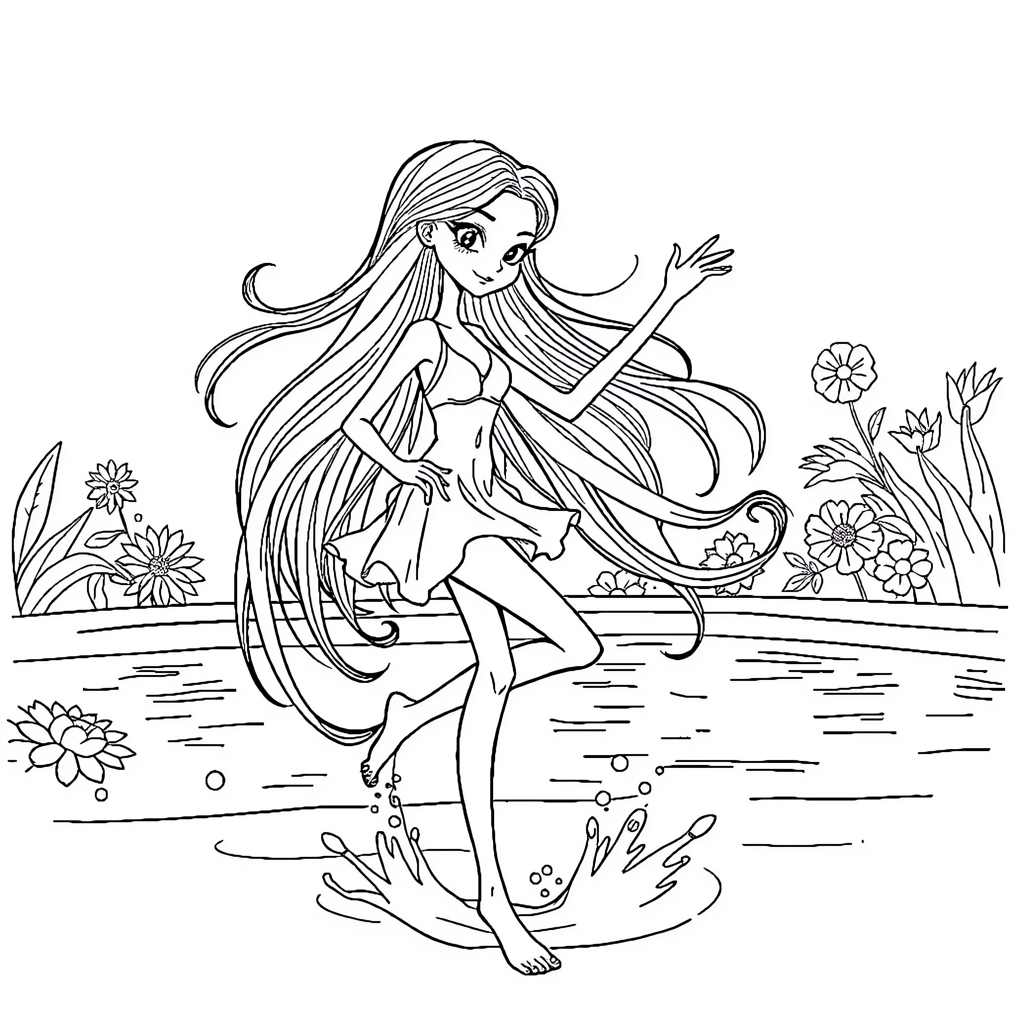 Girl dancing joyfully in a floral wonderland Coloring Page (free black-and-white line drawing printable PDF for all, from beginners to advanced learners, including children, teens, adults, and seniors)