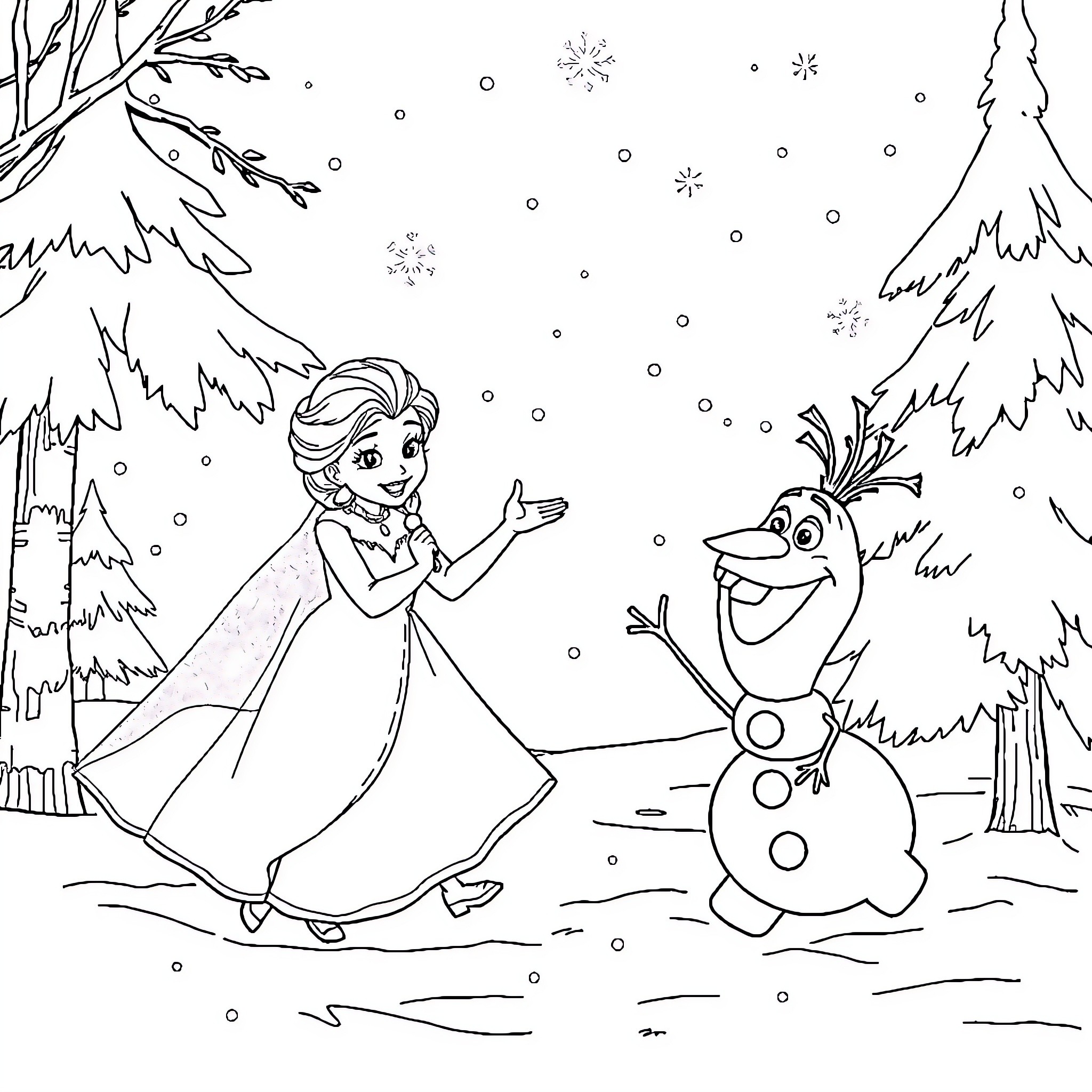 Elsa and Olaf playing in the snowy forest Coloring Page (free black-and-white line drawing printable PDF for all, from beginners to advanced learners, including children, teens, adults, and seniors)