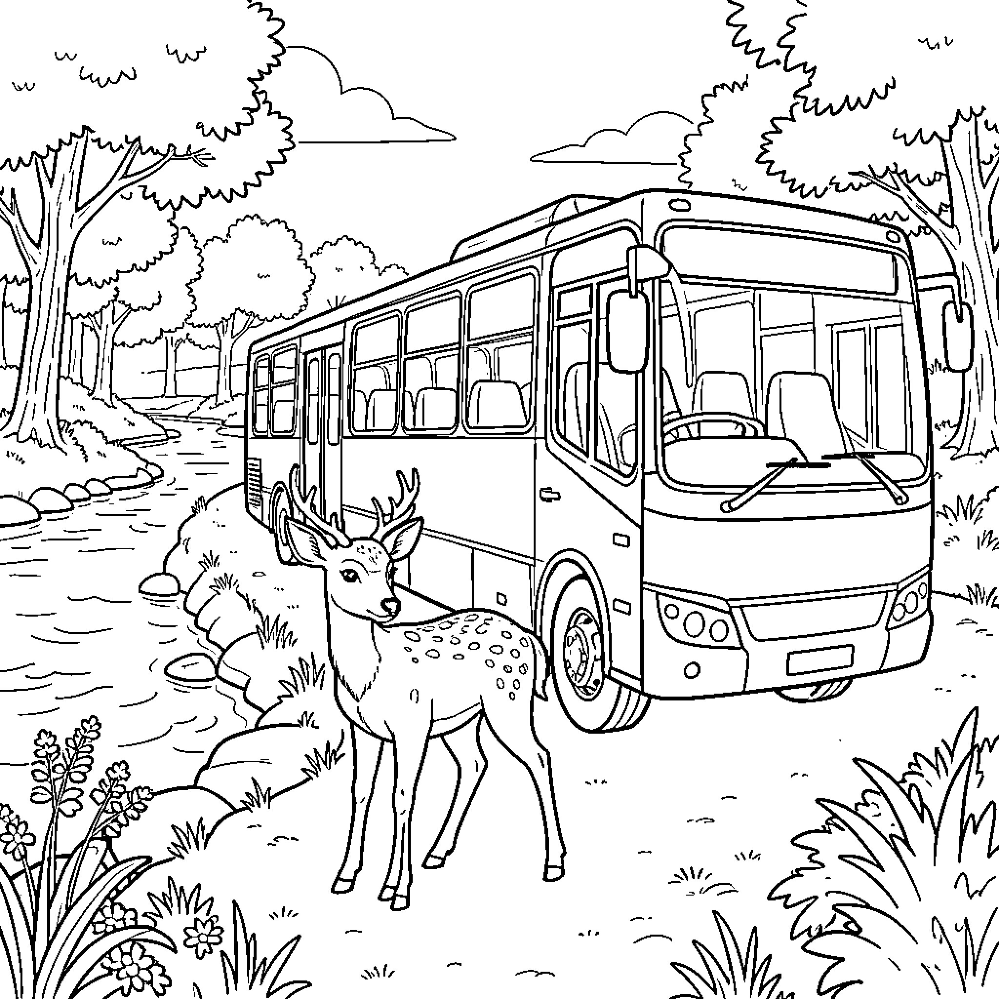 Bichette watching a large bus drive through the woods Coloring Page (free black-and-white line drawing printable PDF for all, from beginners to advanced learners, including children, teens, adults, and seniors)
