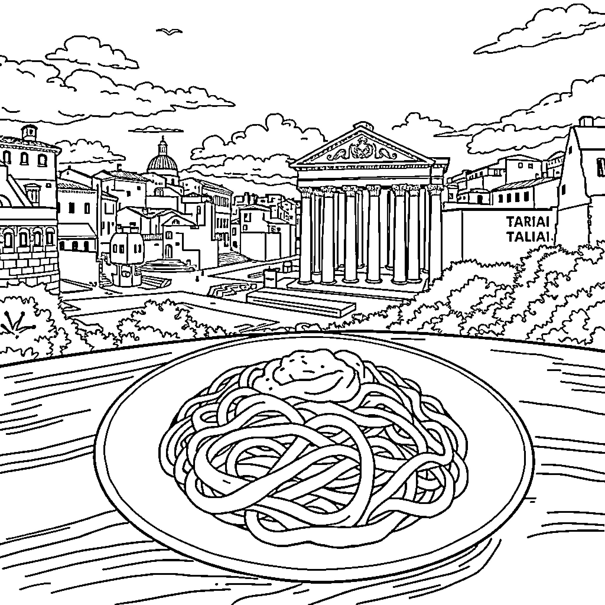 Pasta Dish Overlooking Historic Cityscape Coloring Page (free black-and-white line drawing printable PDF for all, from beginners to advanced learners, including children, teens, adults, and seniors)