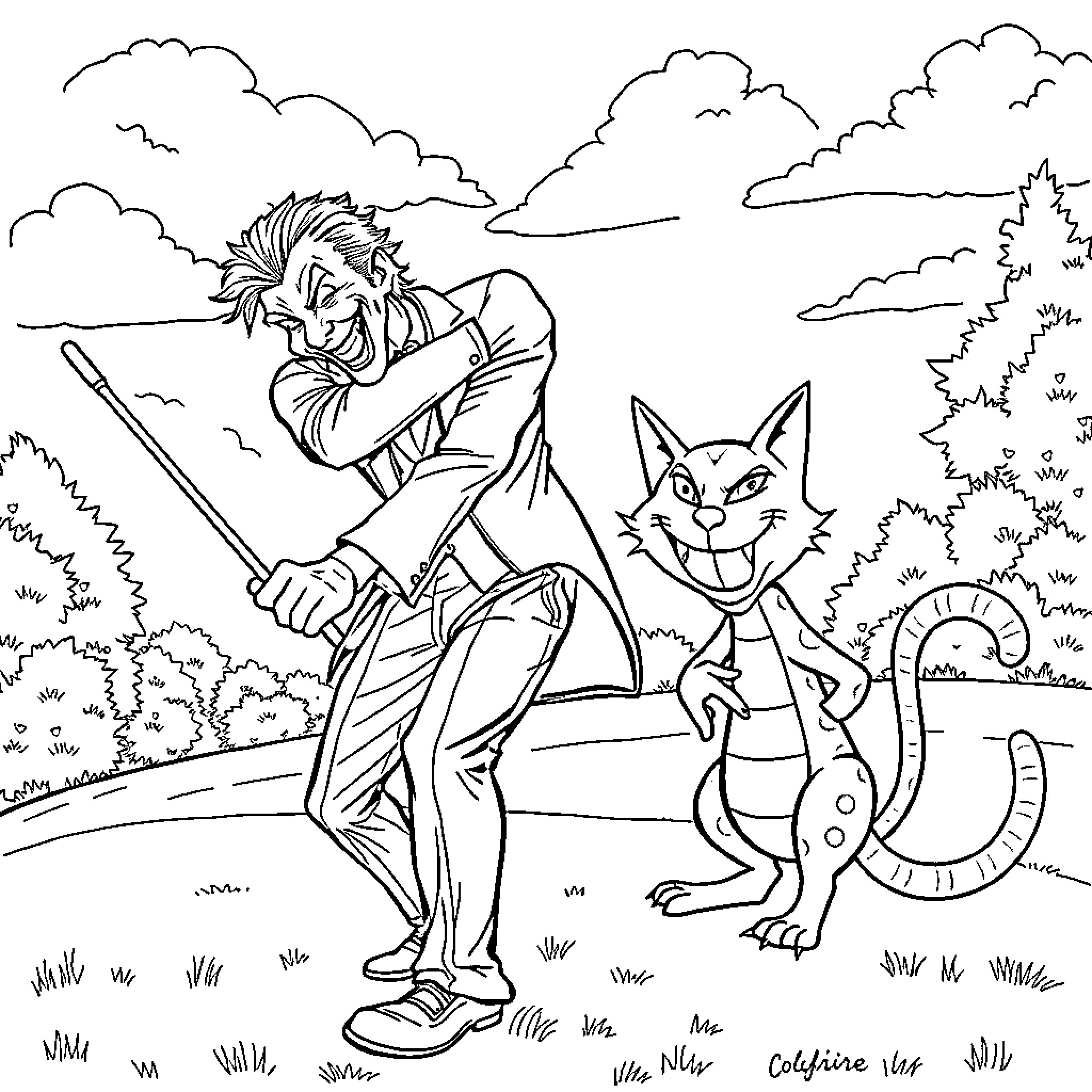 Joker and his mischievous sidekick in the wilderness Coloring Page (free black-and-white line drawing printable PDF for all, from beginners to advanced learners, including children, teens, adults, and seniors)