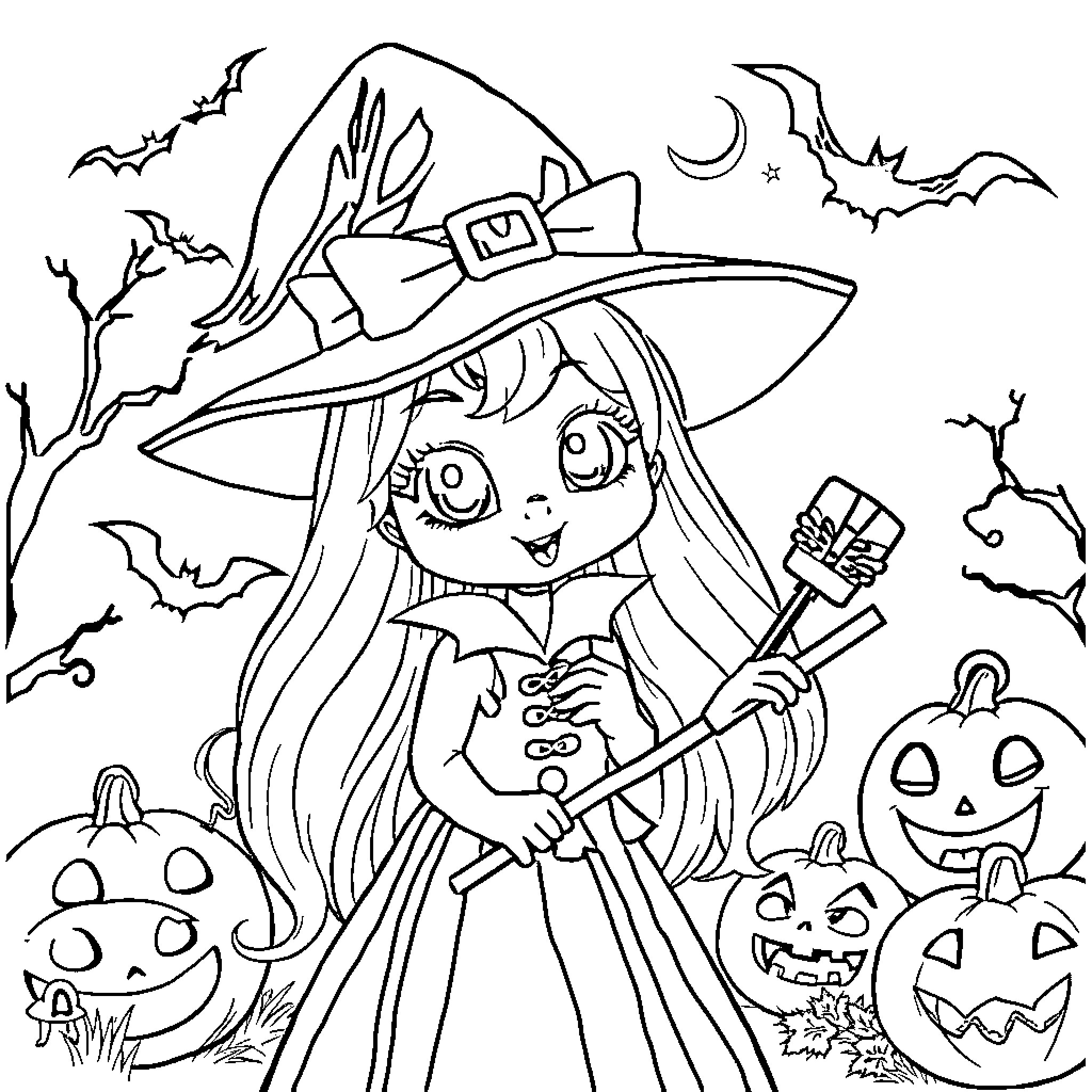 Bella's Spooky Halloween Adventure Coloring Page (free black-and-white line drawing printable PDF for all, from beginners to advanced learners, including children, teens, adults, and seniors)