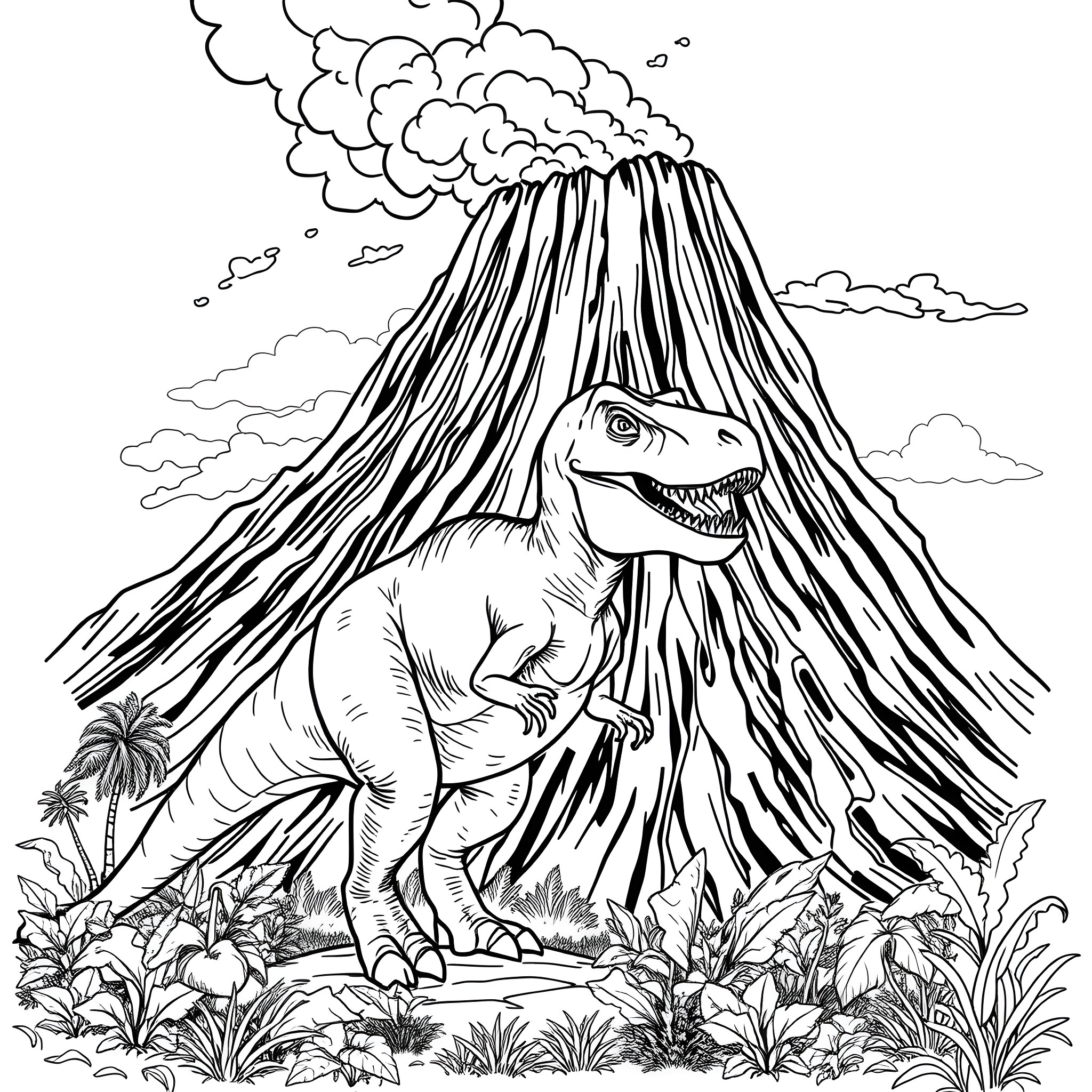 T-Rex roaring by the volcano in the jungle Coloring Page (free black-and-white line drawing printable PDF for all, from beginners to advanced learners, including children, teens, adults, and seniors)