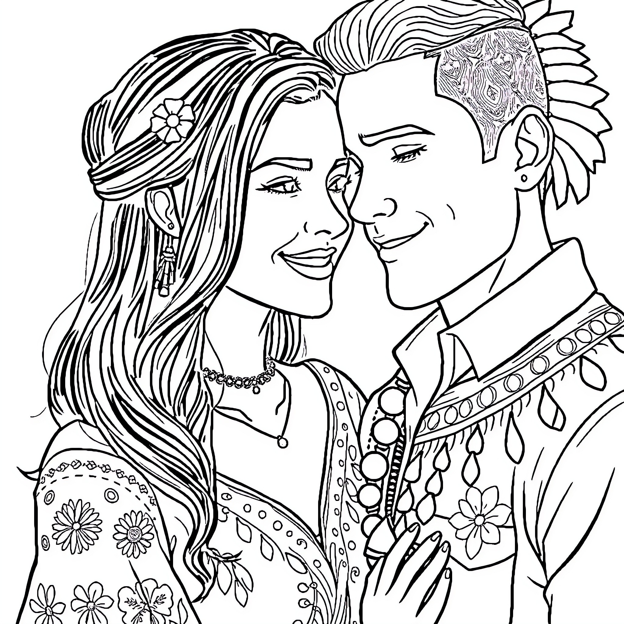 Girl and Boy in Floral Embrace Coloring Page (free black-and-white line drawing printable PDF for all, from beginners to advanced learners, including children, teens, adults, and seniors)