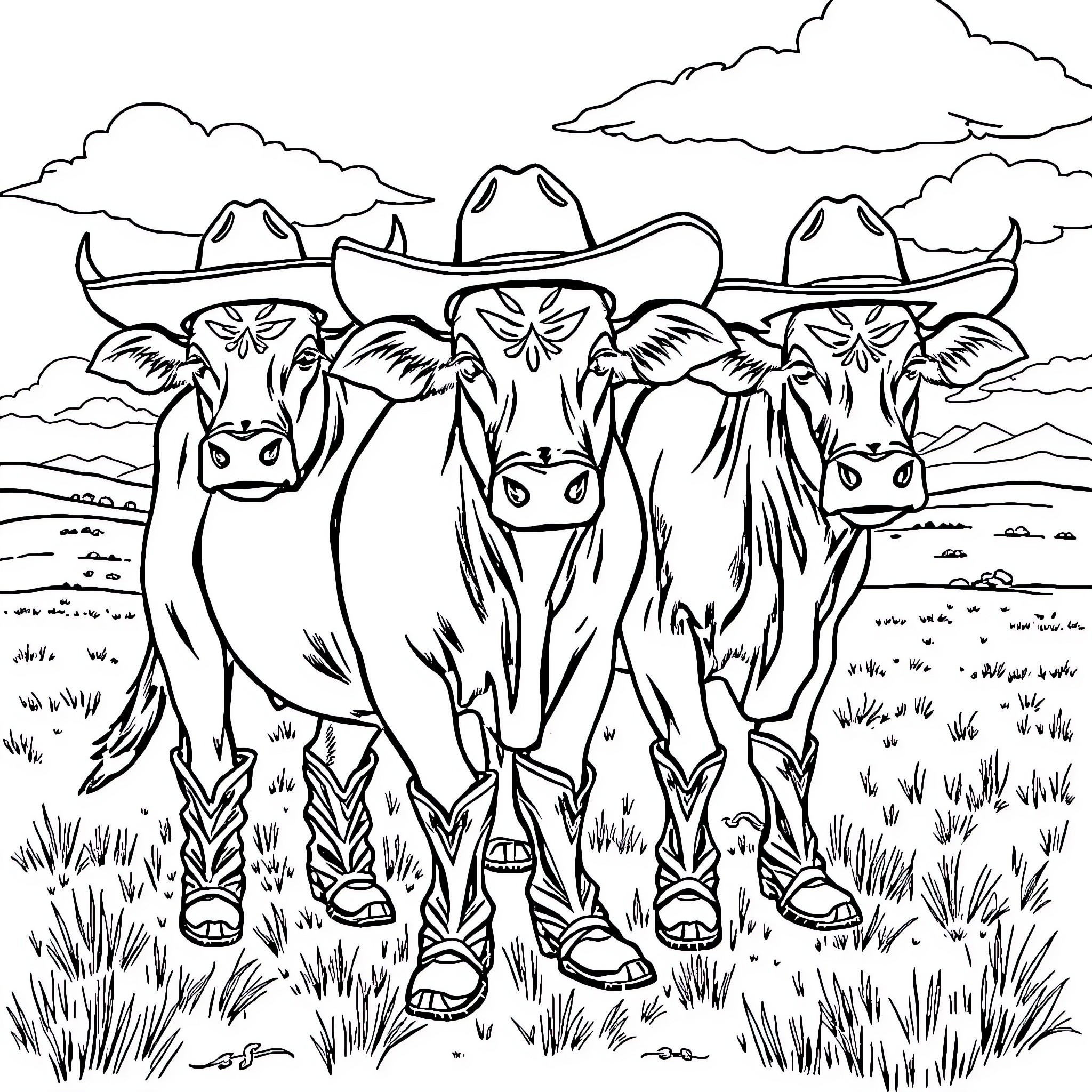 Cattle herd wearing cowboy hats on a cloudy day Coloring Page (free black-and-white line drawing printable PDF for all, from beginners to advanced learners, including children, teens, adults, and seniors)