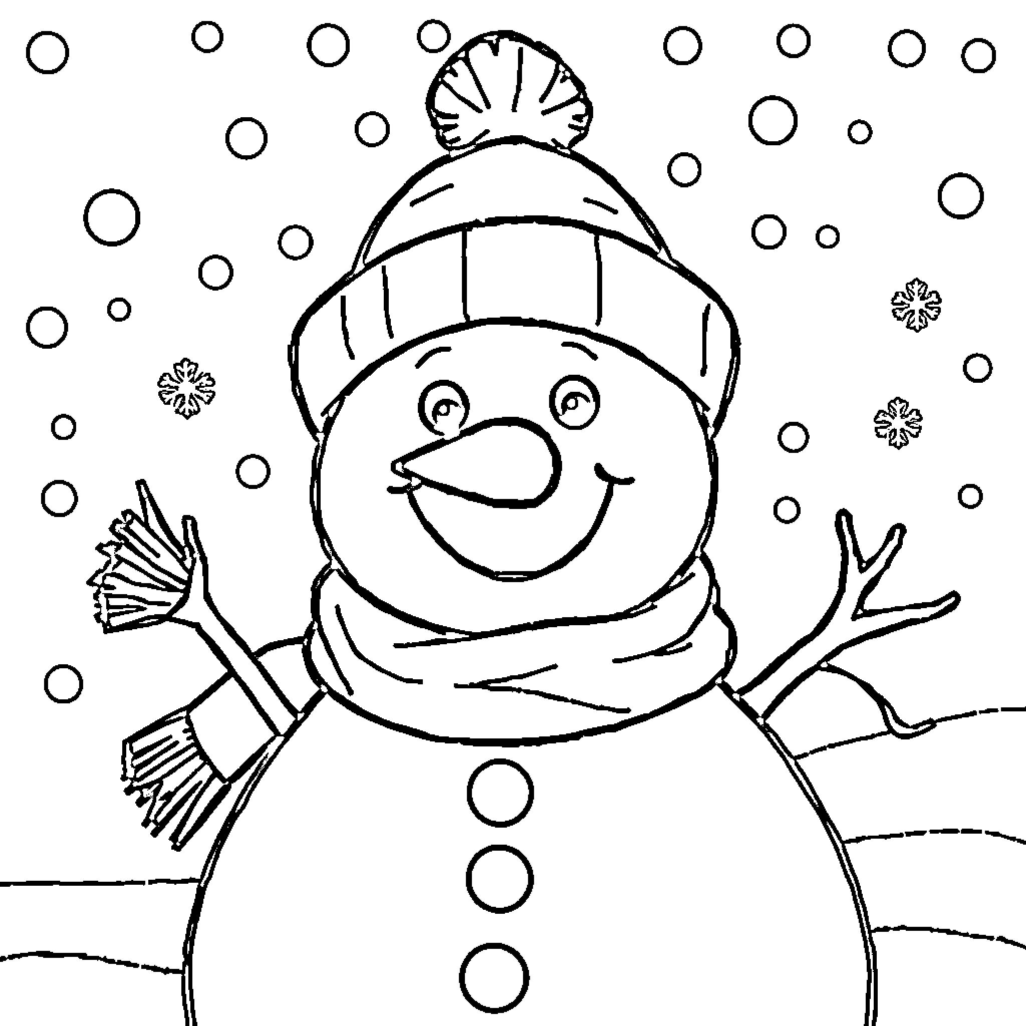 Snowman Joyfully Embracing the Winter Wonderland Coloring Page (free black-and-white line drawing printable PDF for all, from beginners to advanced learners, including children, teens, adults, and seniors)