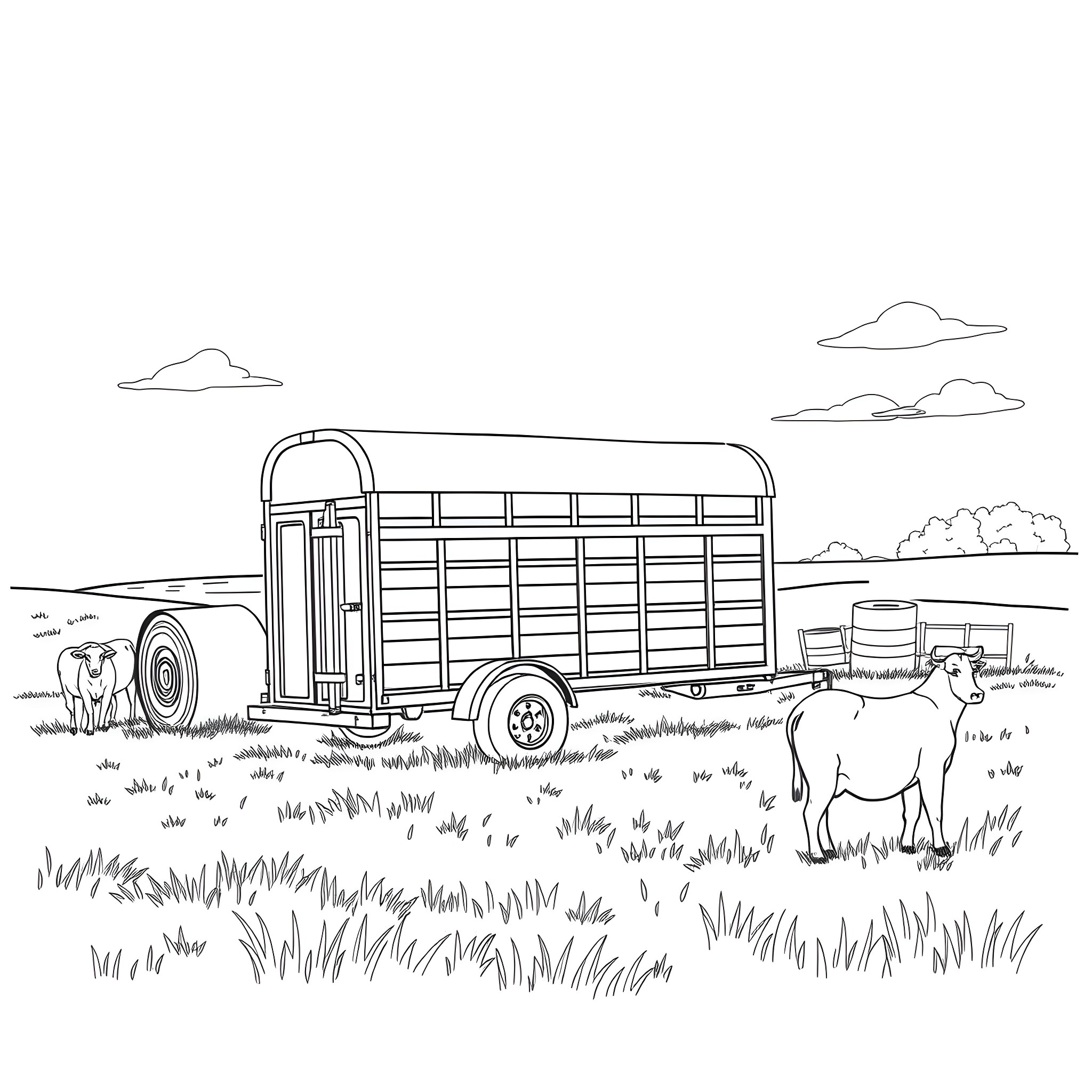 Livestock Trailer Transporting Farm Animals in the Field Coloring Page (free black-and-white line drawing printable PDF for all, from beginners to advanced learners, including children, teens, adults, and seniors)