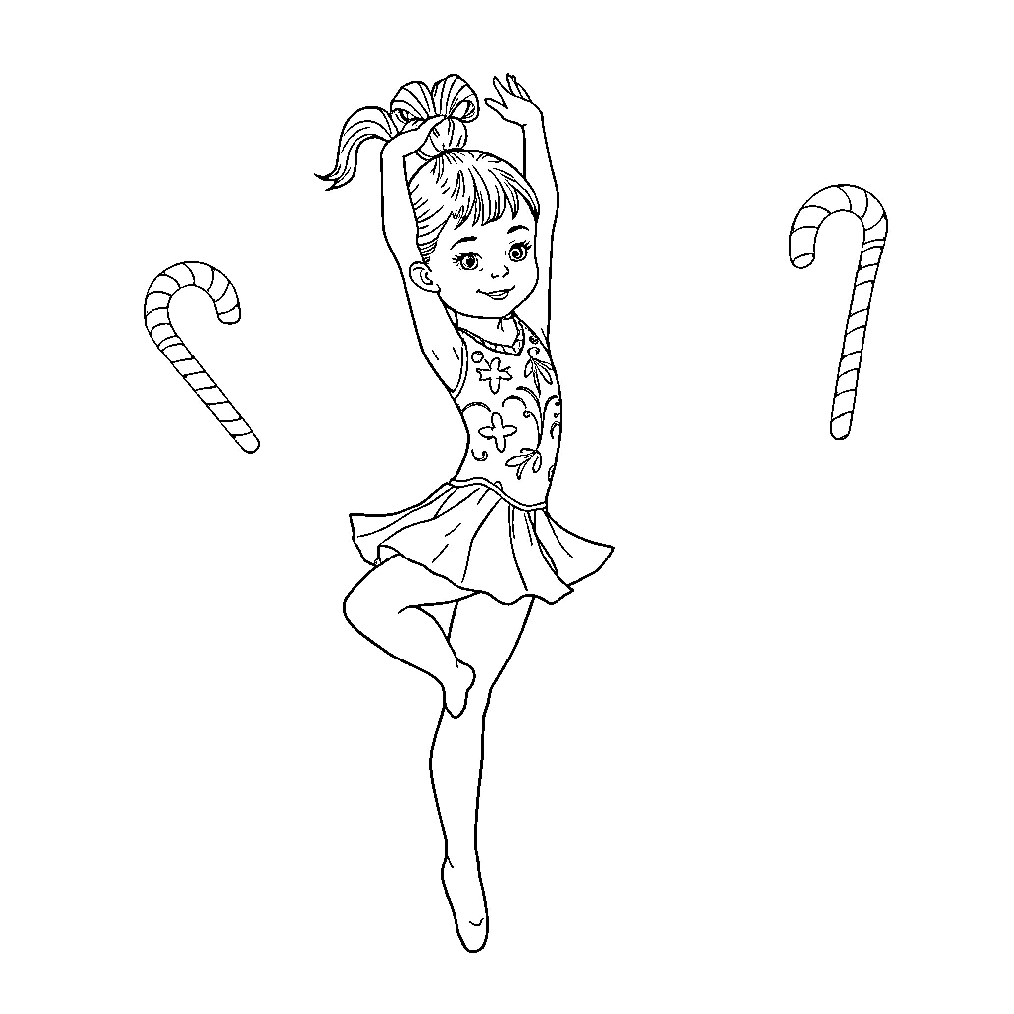 Girl dancing joyfully with candy canes Coloring Page (free black-and-white line drawing printable PDF for all, from beginners to advanced learners, including children, teens, adults, and seniors)