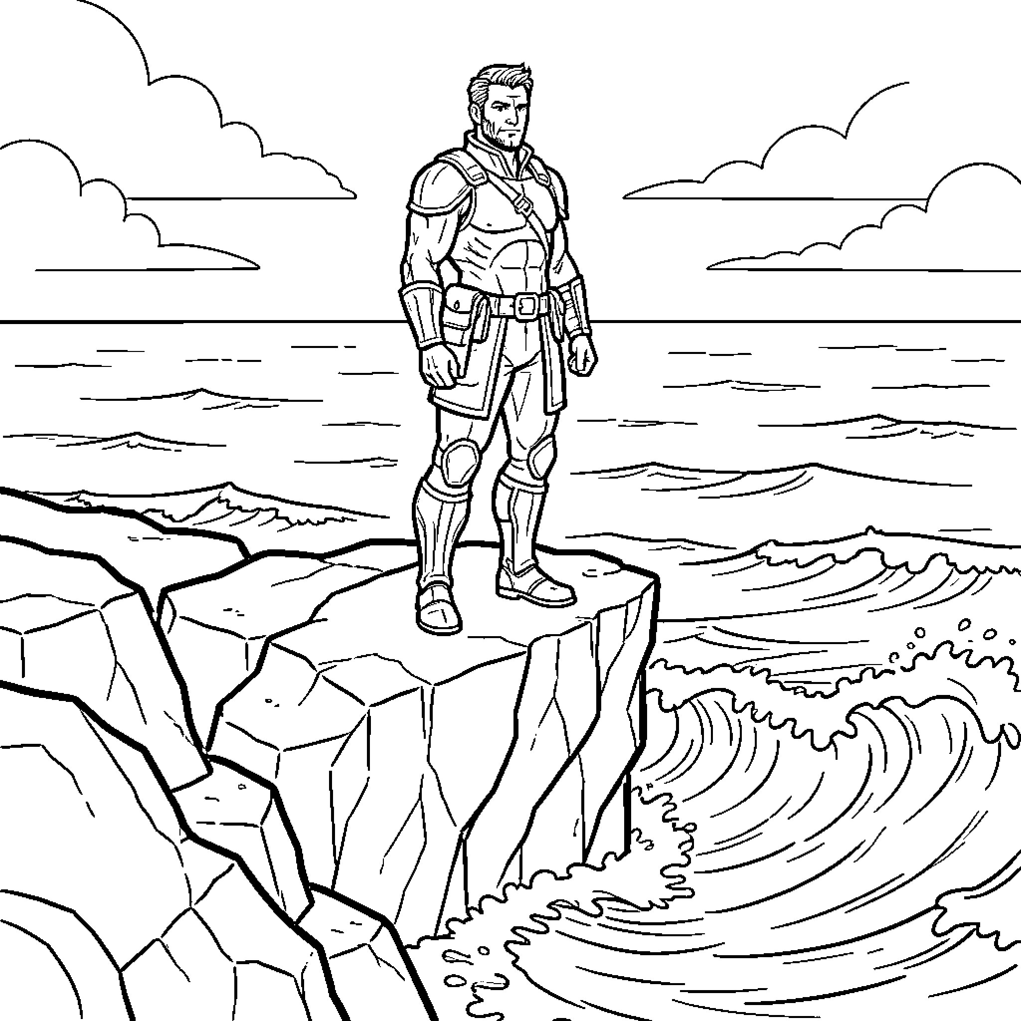 Hector, the Heroic Adventurer Atop the Cliff Coloring Page (free black-and-white line drawing printable PDF for all, from beginners to advanced learners, including children, teens, adults, and seniors)