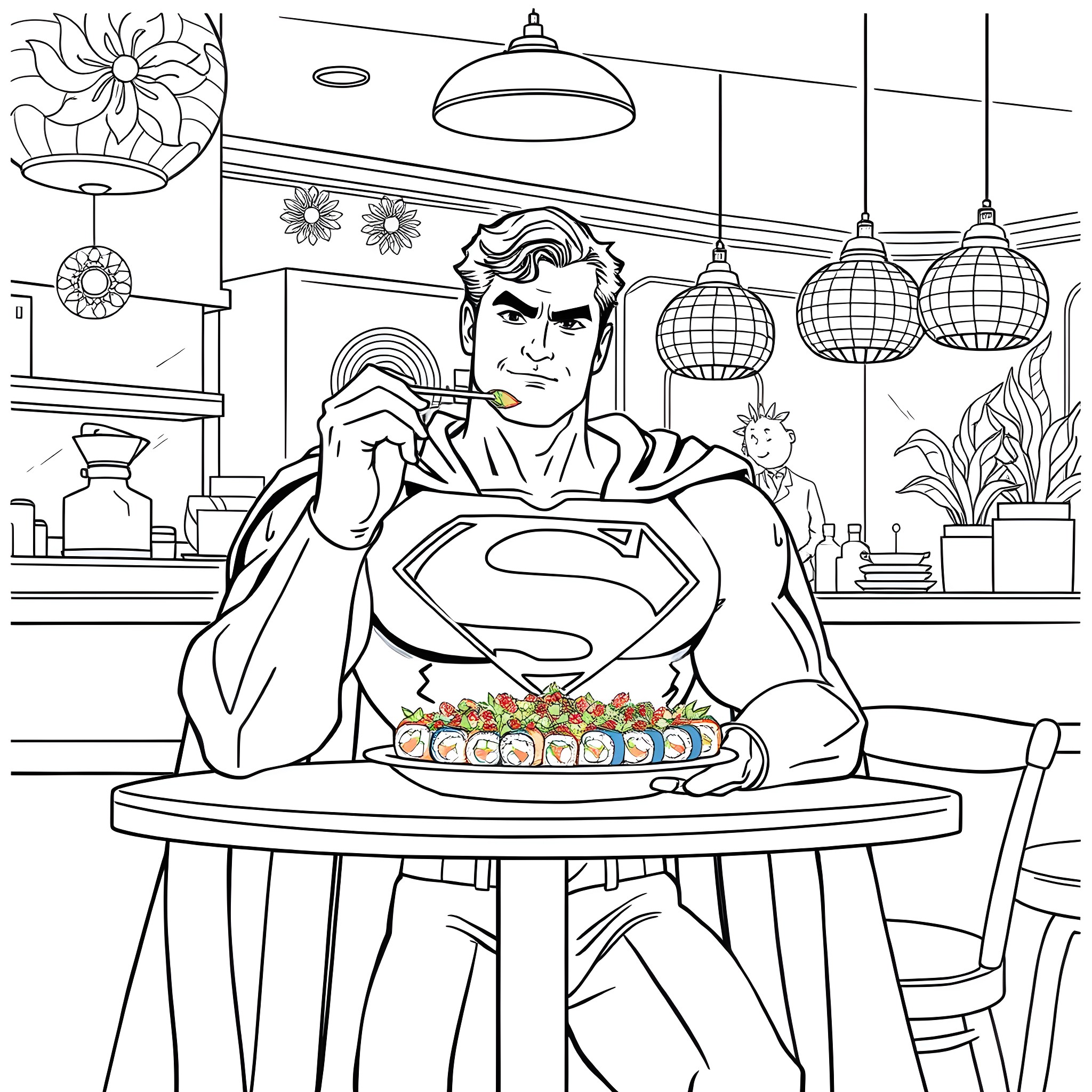 Superman enjoying a colorful meal in a cozy cafe Coloring Page (free black-and-white line drawing printable PDF for all, from beginners to advanced learners, including children, teens, adults, and seniors)