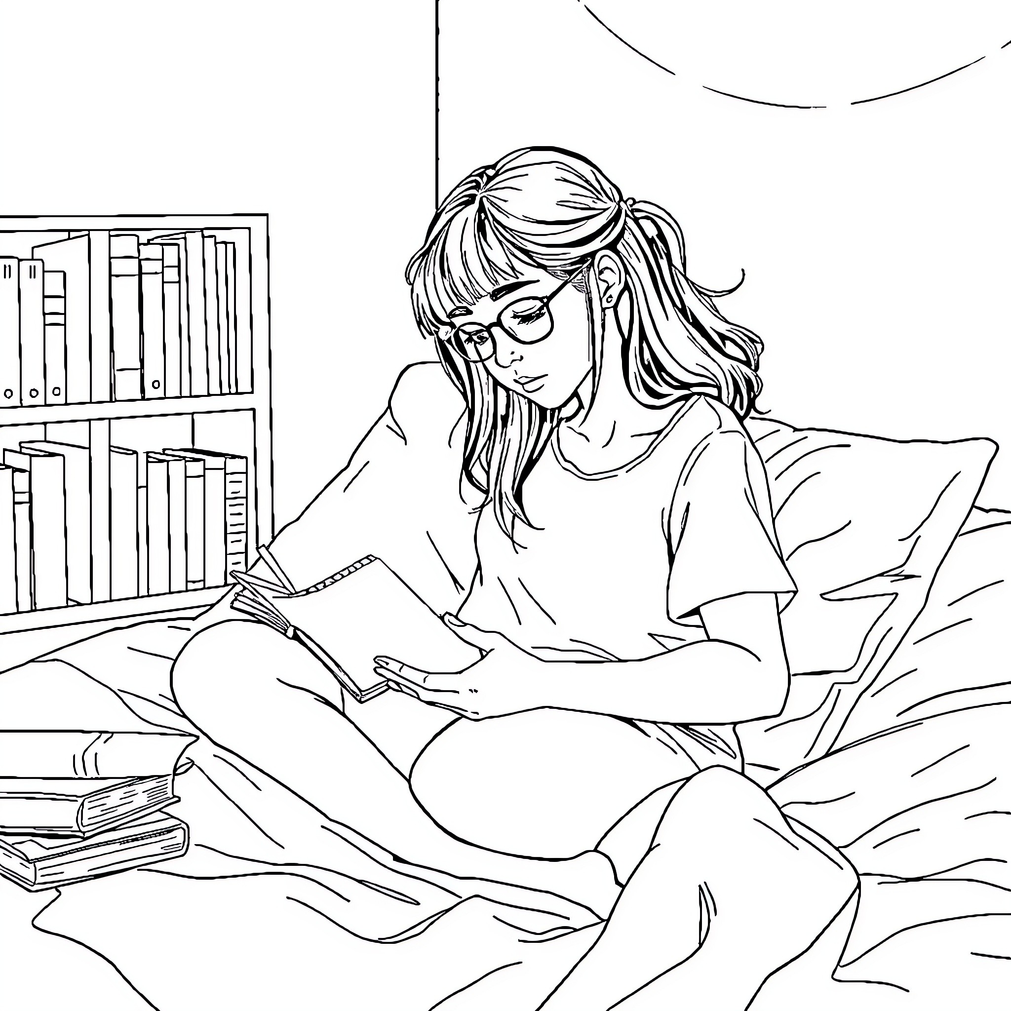 Adolescent Girl Reading a Book in Her Room Coloring Page (free black-and-white line drawing printable PDF for all, from beginners to advanced learners, including children, teens, adults, and seniors)
