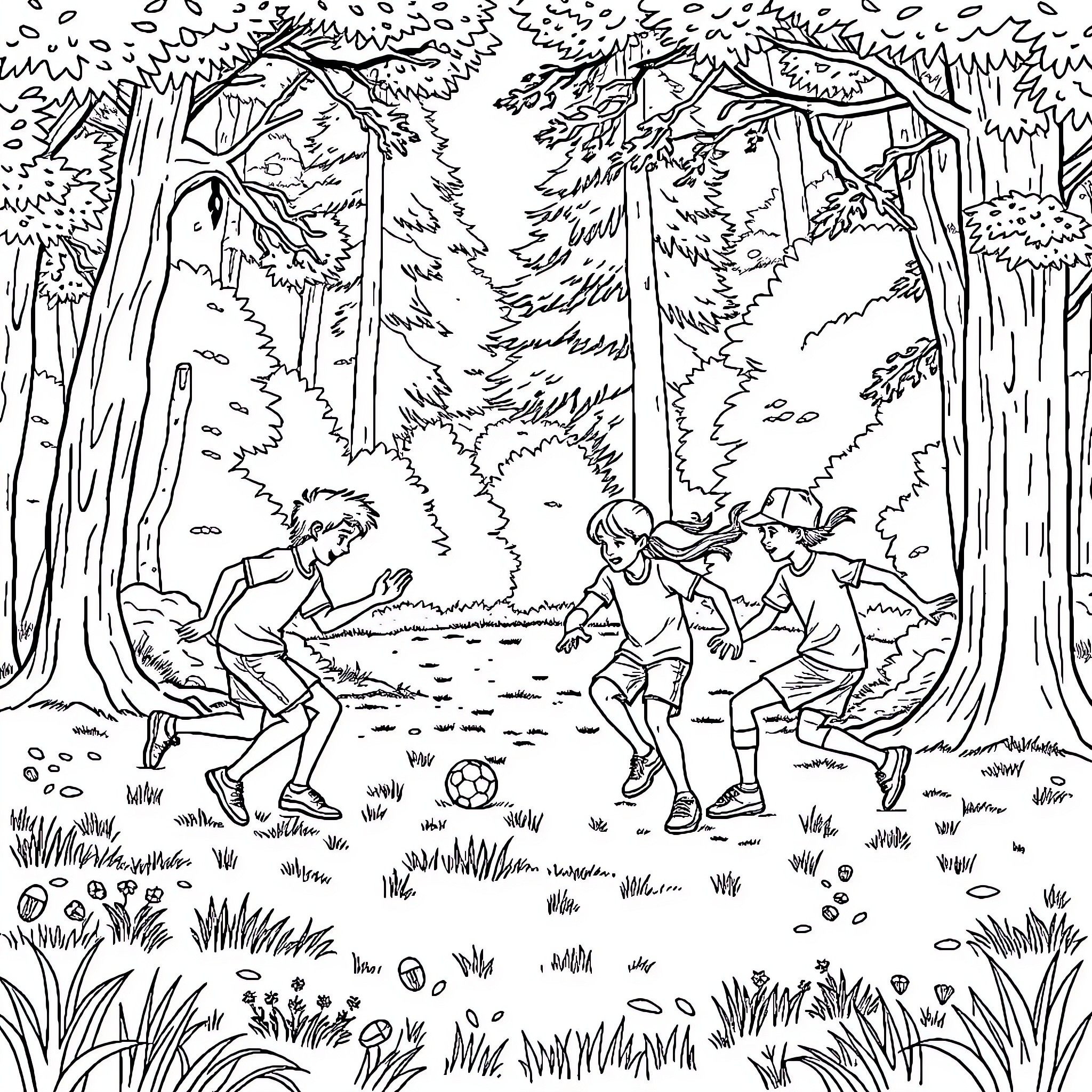 Guy playing soccer with friends in the forest Coloring Page (free black-and-white line drawing printable PDF for all, from beginners to advanced learners, including children, teens, adults, and seniors)