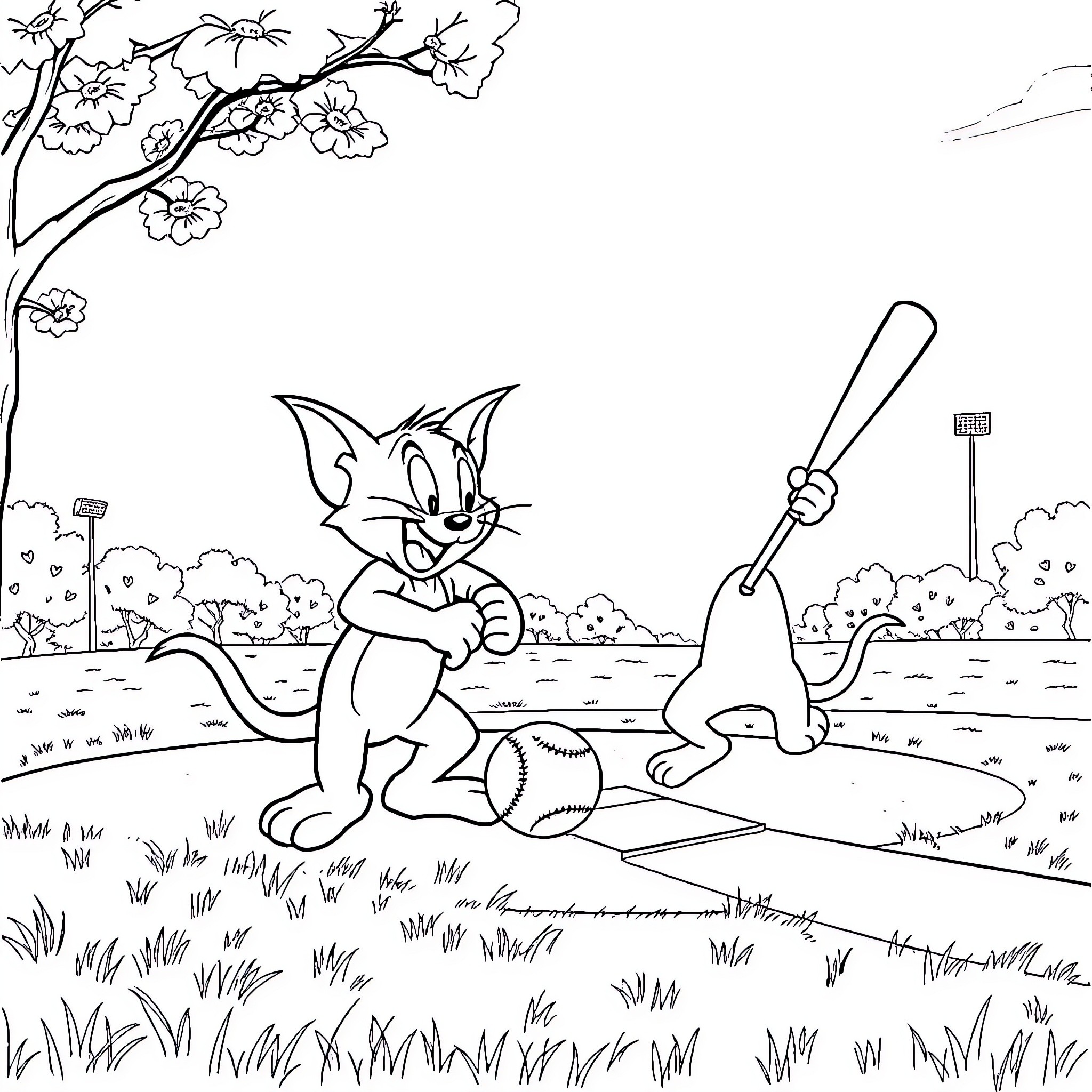 Tom and Jerry playing baseball in the park Coloring Page (free black-and-white line drawing printable PDF for all, from beginners to advanced learners, including children, teens, adults, and seniors)
