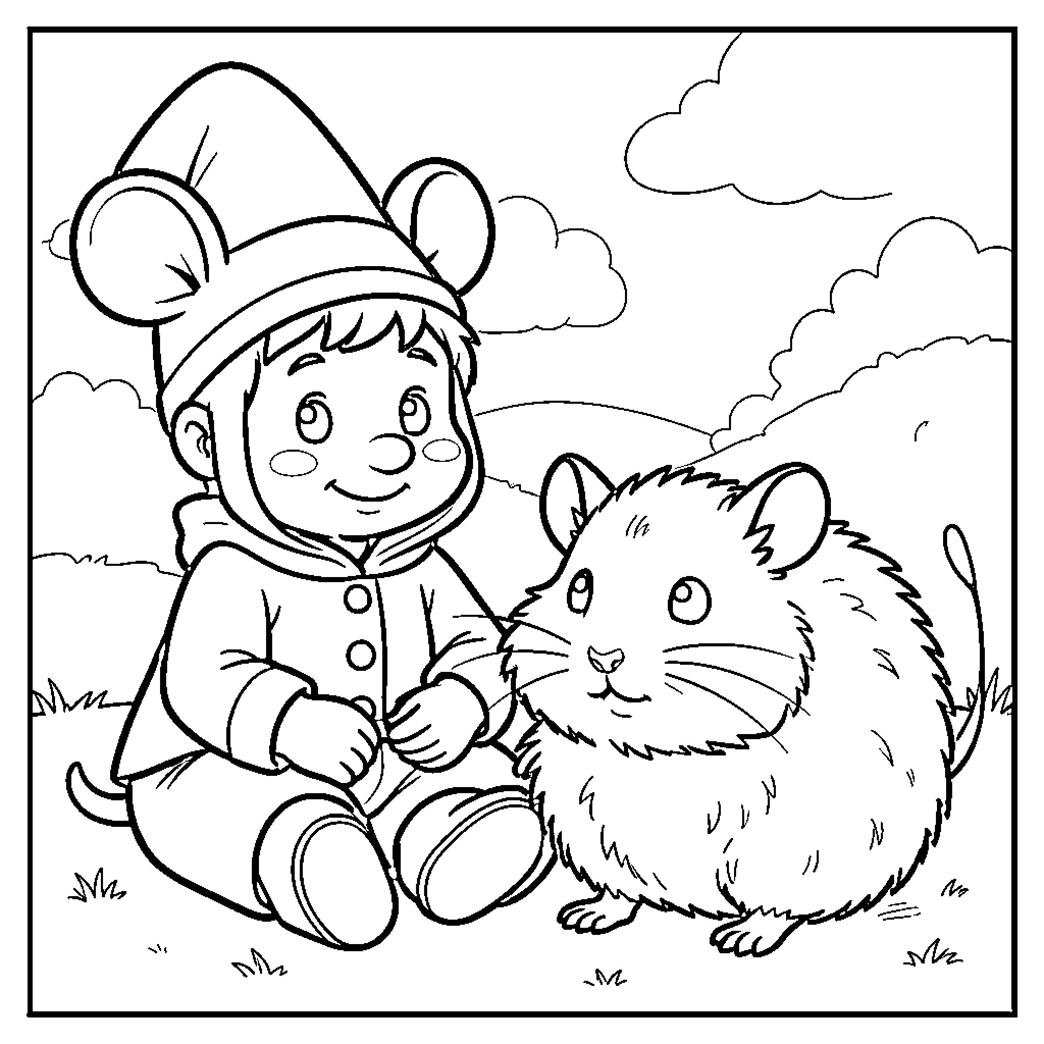 Ratón and the Fluffy Hamster in Nature Coloring Page (free black-and-white line drawing printable PDF for all, from beginners to advanced learners, including children, teens, adults, and seniors)