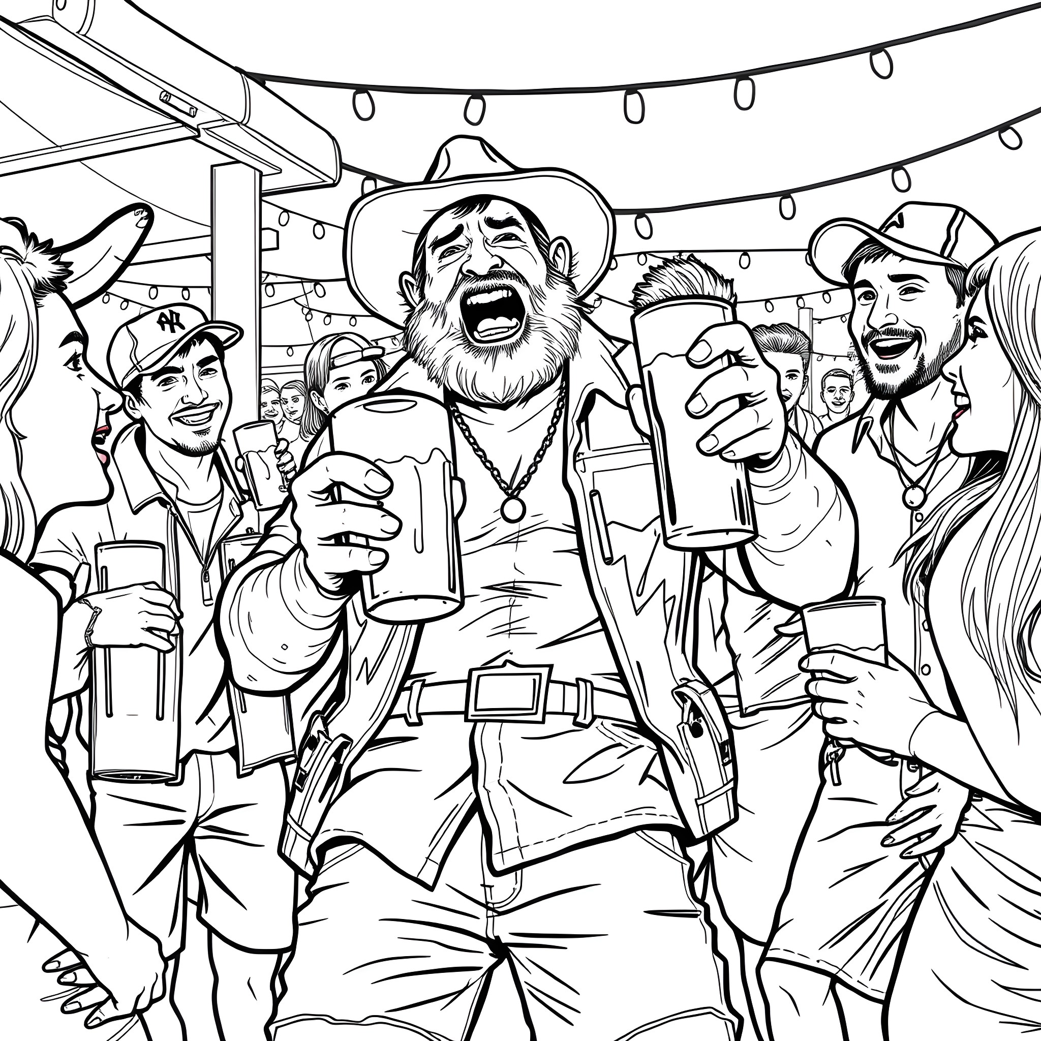 Bogan group celebration with beer Coloring Page (free black-and-white line drawing printable PDF for all, from beginners to advanced learners, including children, teens, adults, and seniors)