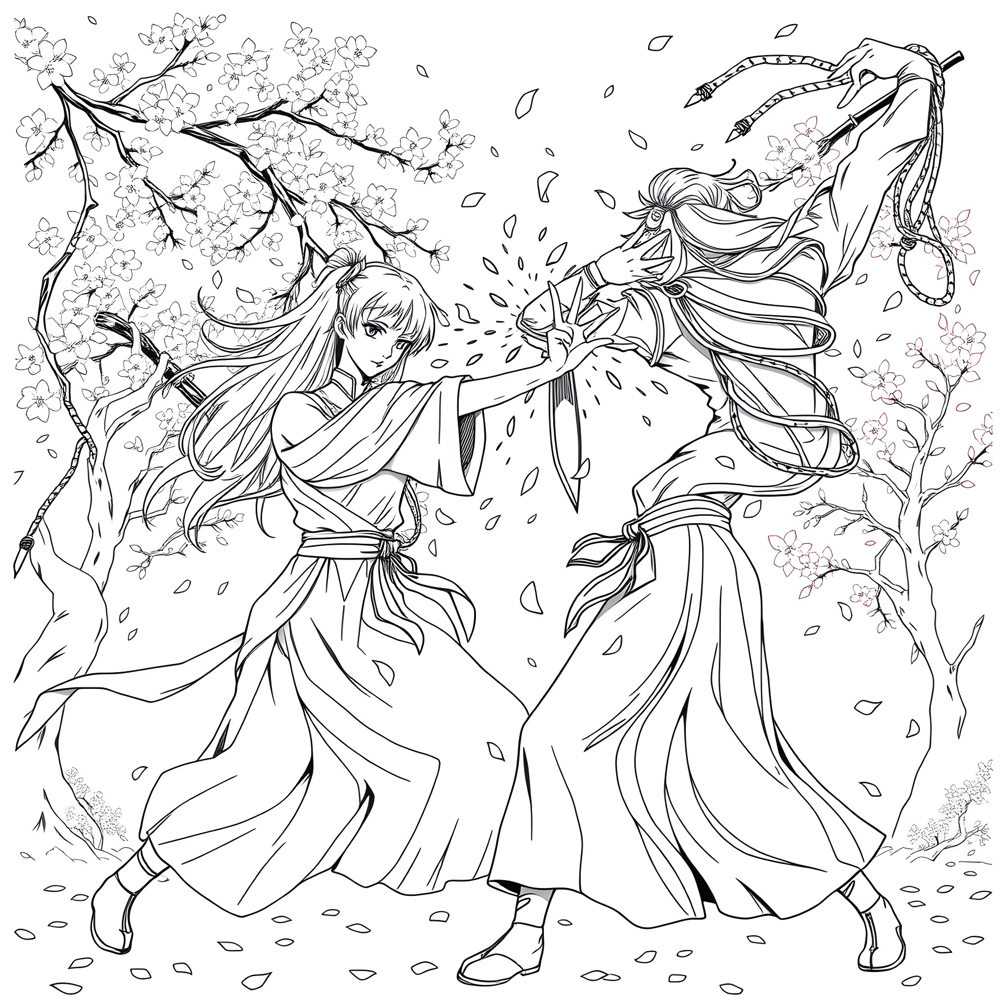 Sakura Dance in the Ethereal Petals Coloring Page (free black-and-white line drawing printable PDF for all, from beginners to advanced learners, including children, teens, adults, and seniors)