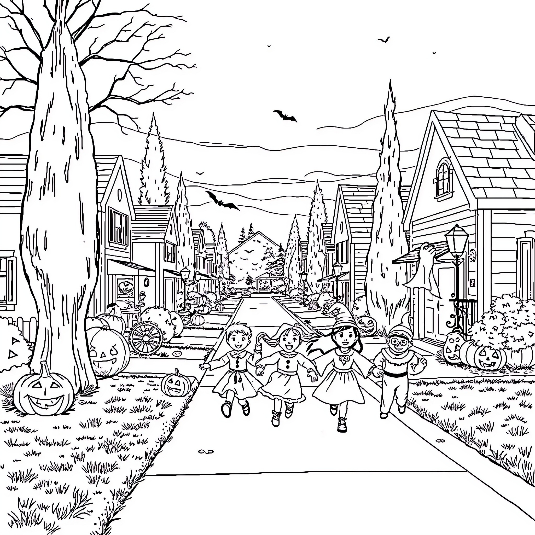 Kids trick-or-treating on Halloween night Coloring Page (free black-and-white line drawing printable PDF for all, from beginners to advanced learners, including children, teens, adults, and seniors)
