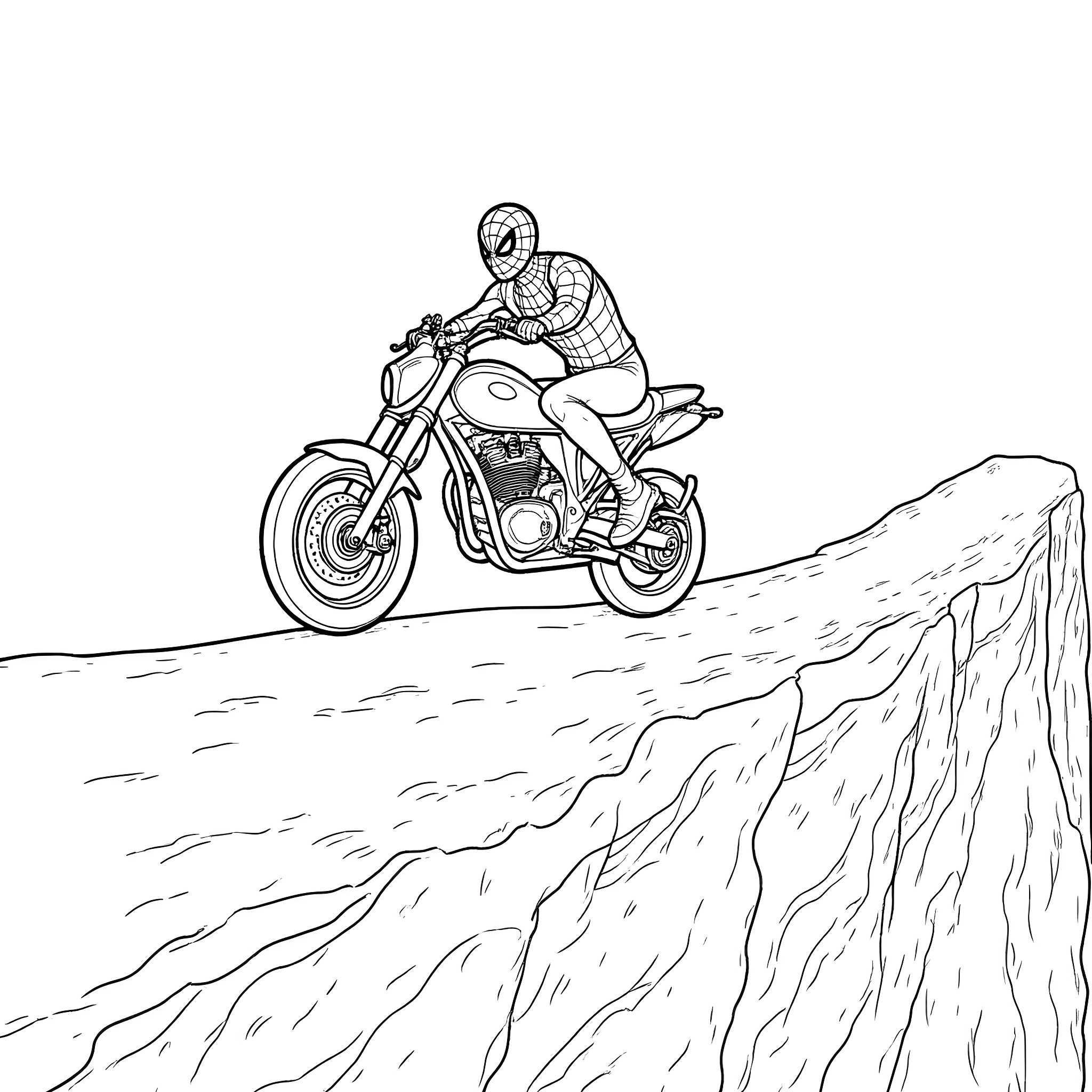 Spider-Man riding an adventurous motorcycle in the desert Coloring Page (free black-and-white line drawing printable PDF for all, from beginners to advanced learners, including children, teens, adults, and seniors)
