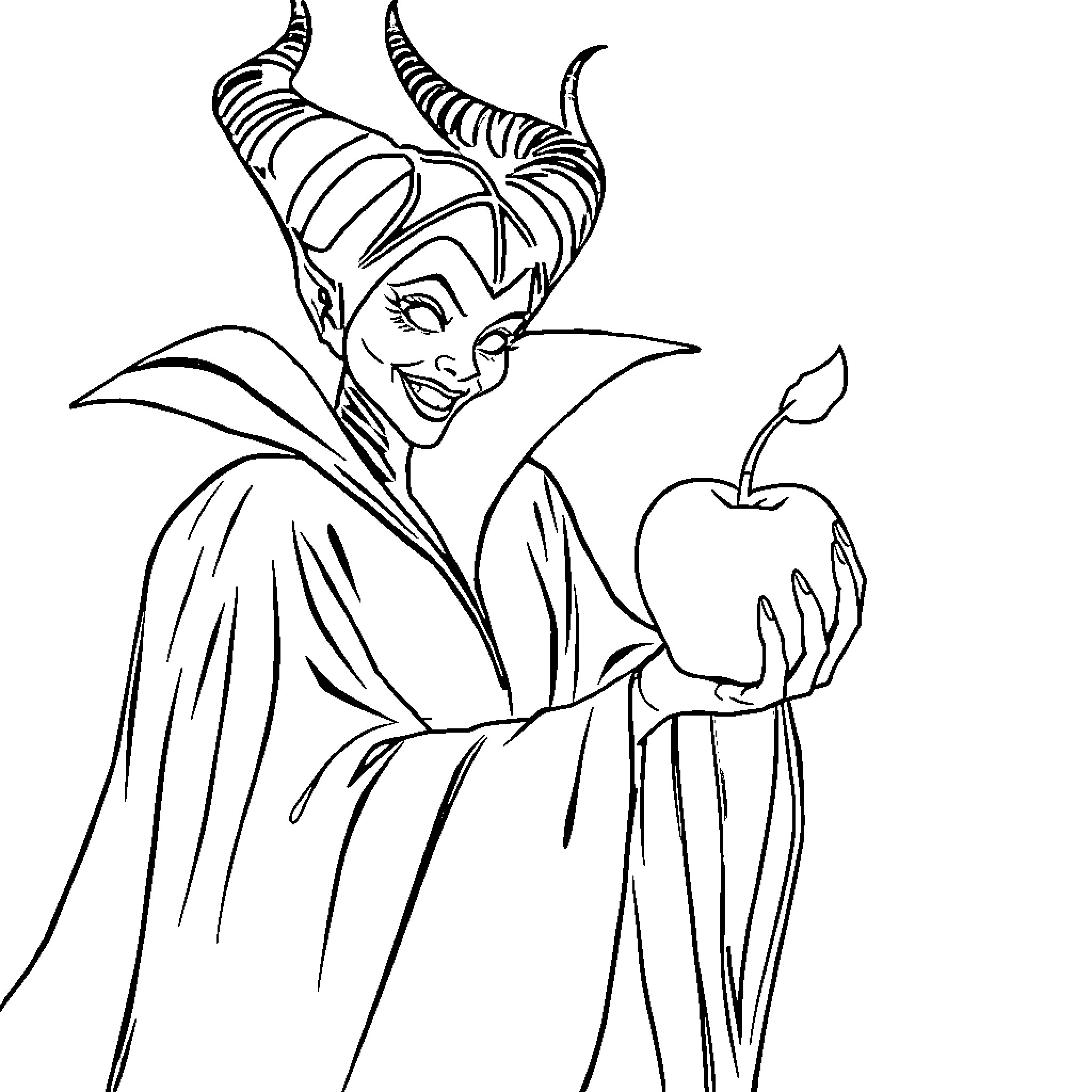 Maleficent holding a poisoned apple Coloring Page (free black-and-white line drawing printable PDF for all, from beginners to advanced learners, including children, teens, adults, and seniors)