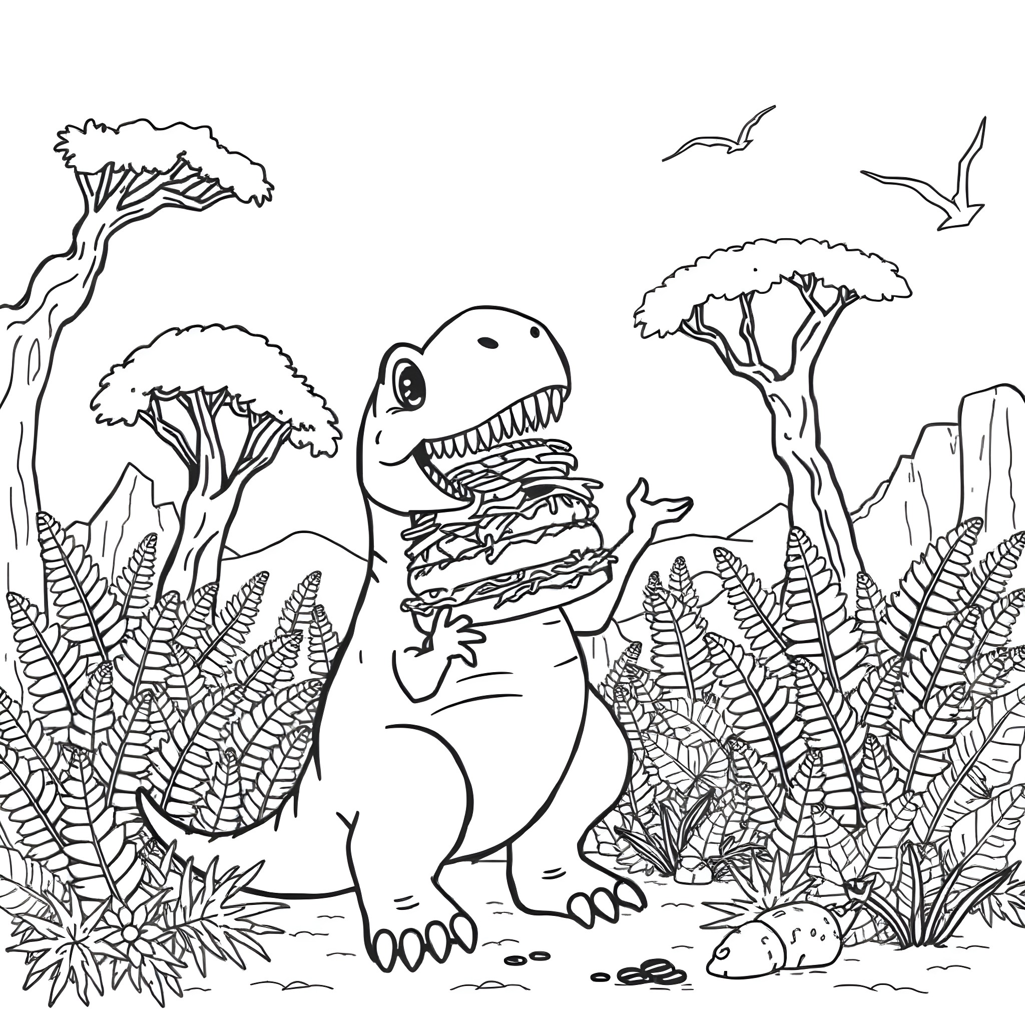 Hamburger Dinosaur exploring the prehistoric landscape Coloring Page (free black-and-white line drawing printable PDF for all, from beginners to advanced learners, including children, teens, adults, and seniors)