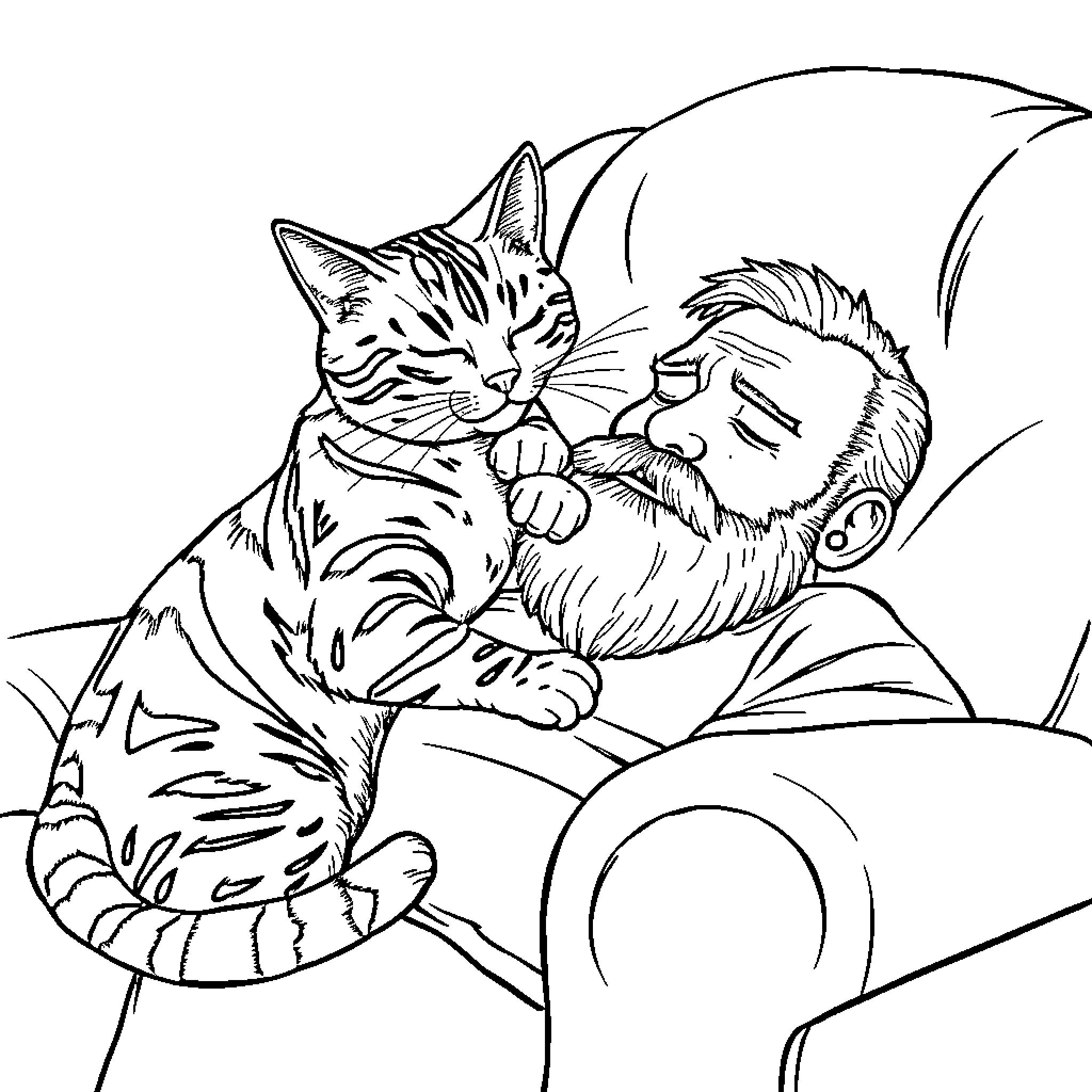 Cat Cuddling Sleepily with Companion Coloring Page (free black-and-white line drawing printable PDF for all, from beginners to advanced learners, including children, teens, adults, and seniors)