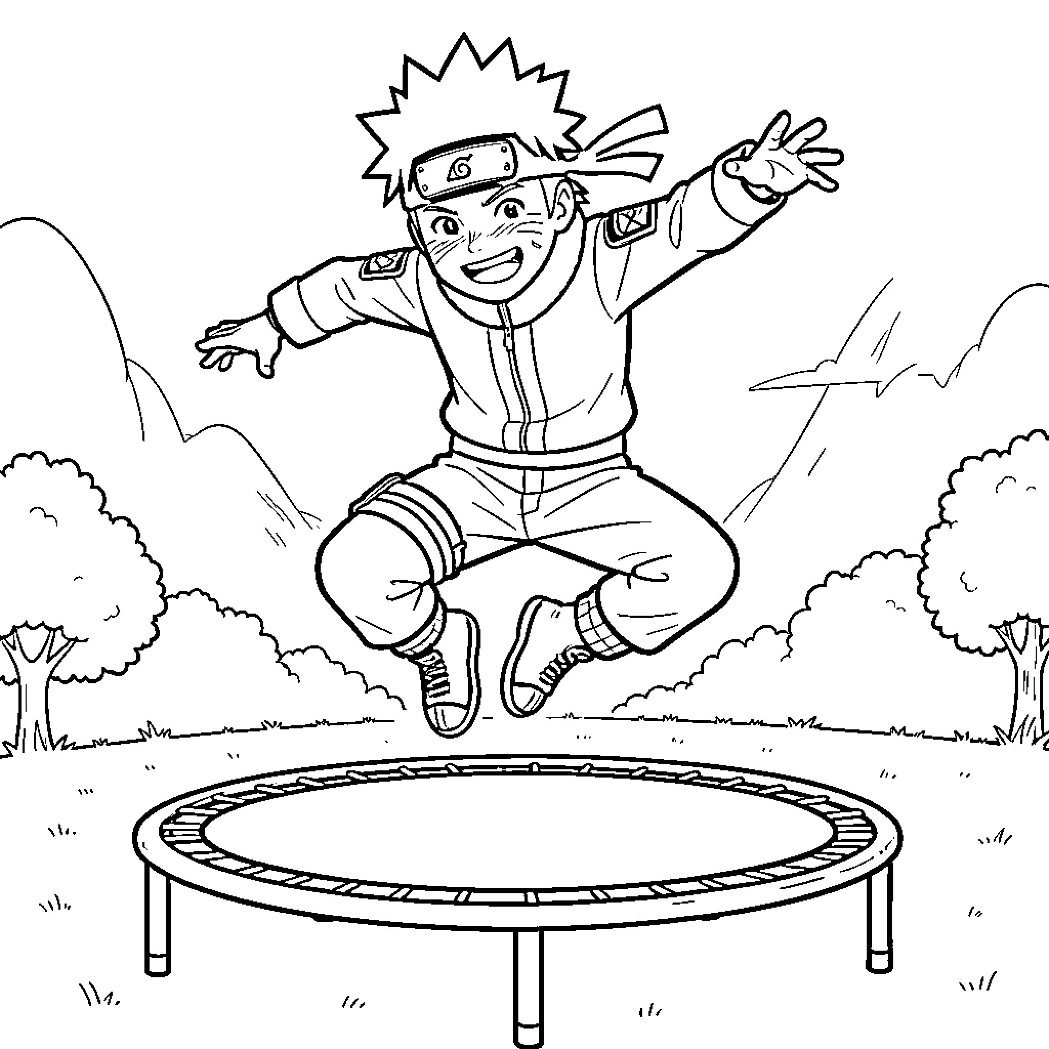 Naruto leaping with excitement on a trampoline Coloring Page (free black-and-white line drawing printable PDF for all, from beginners to advanced learners, including children, teens, adults, and seniors)
