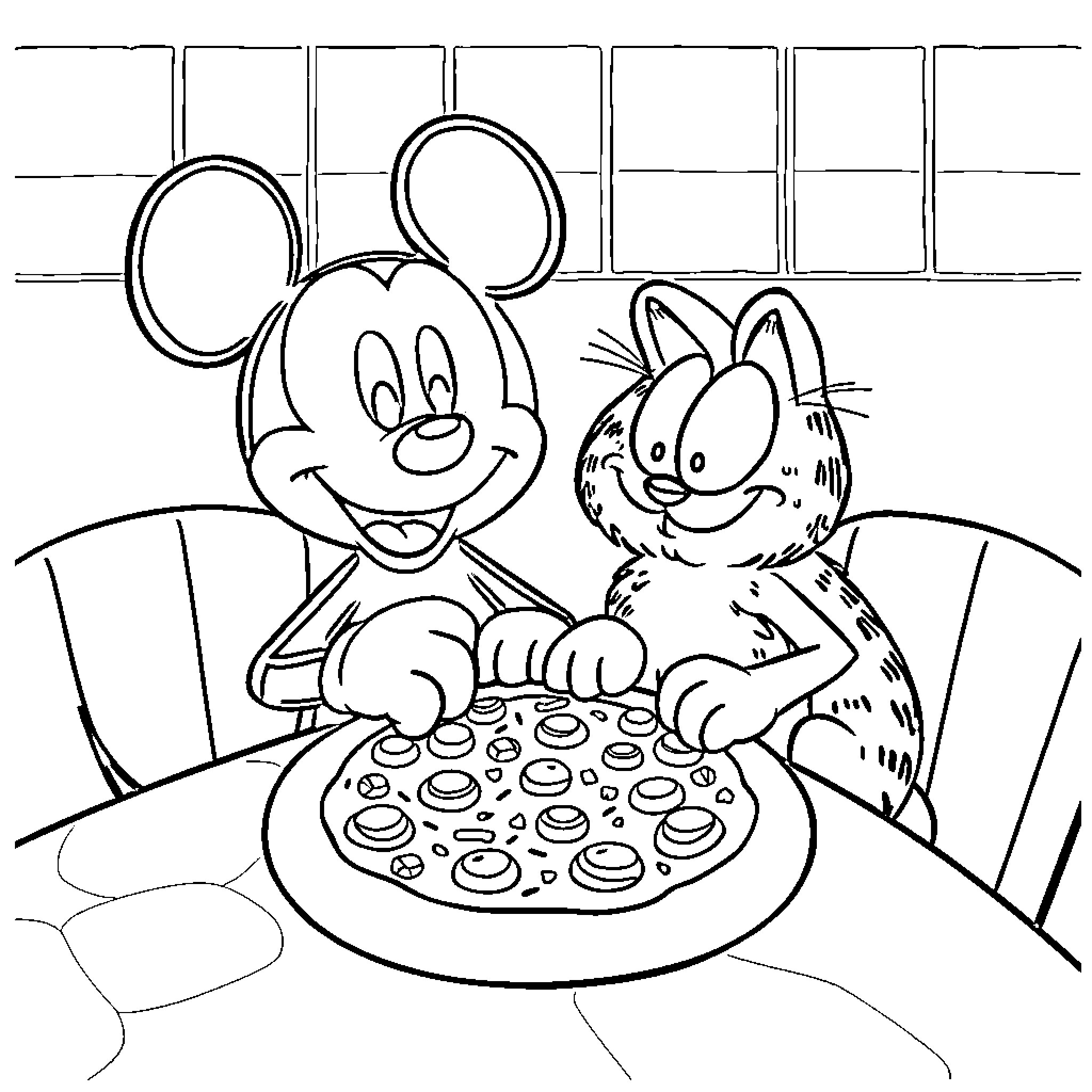 Mickey Mouse enjoying pizza with Garfield Coloring Page (free black-and-white line drawing printable PDF for all, from beginners to advanced learners, including children, teens, adults, and seniors)