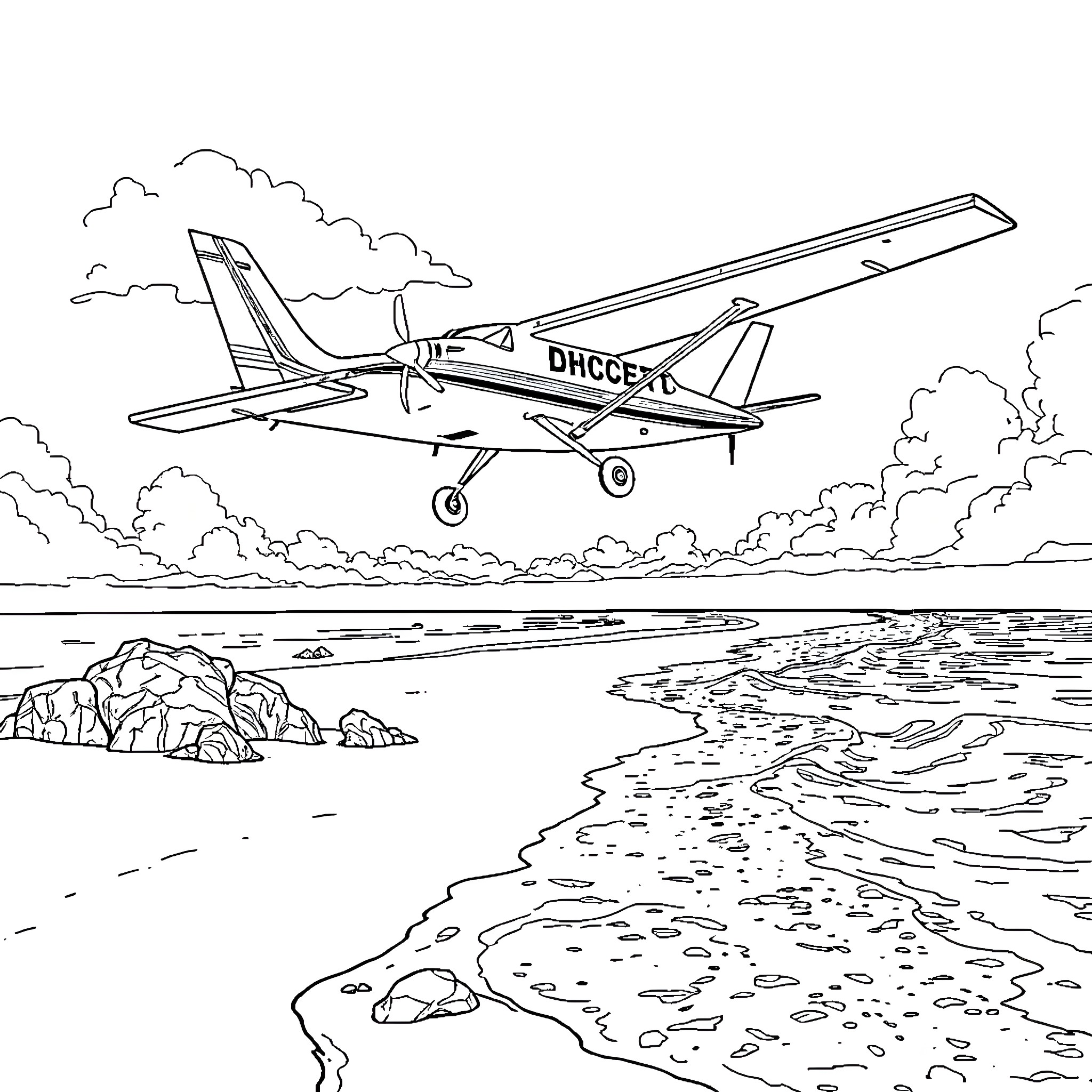 Twin Otter flying over coastal landscape Coloring Page (free black-and-white line drawing printable PDF for all, from beginners to advanced learners, including children, teens, adults, and seniors)