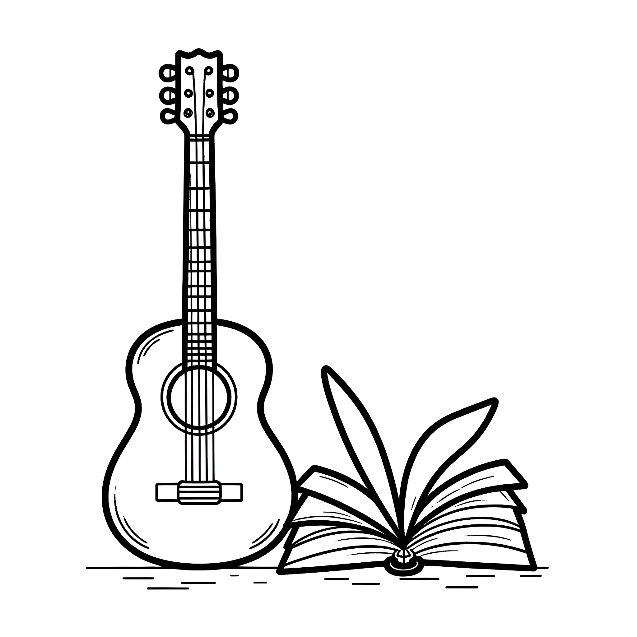Guitar and book on simple black and white scene Coloring Page (free black-and-white line drawing printable PDF for all, from beginners to advanced learners, including children, teens, adults, and seniors)