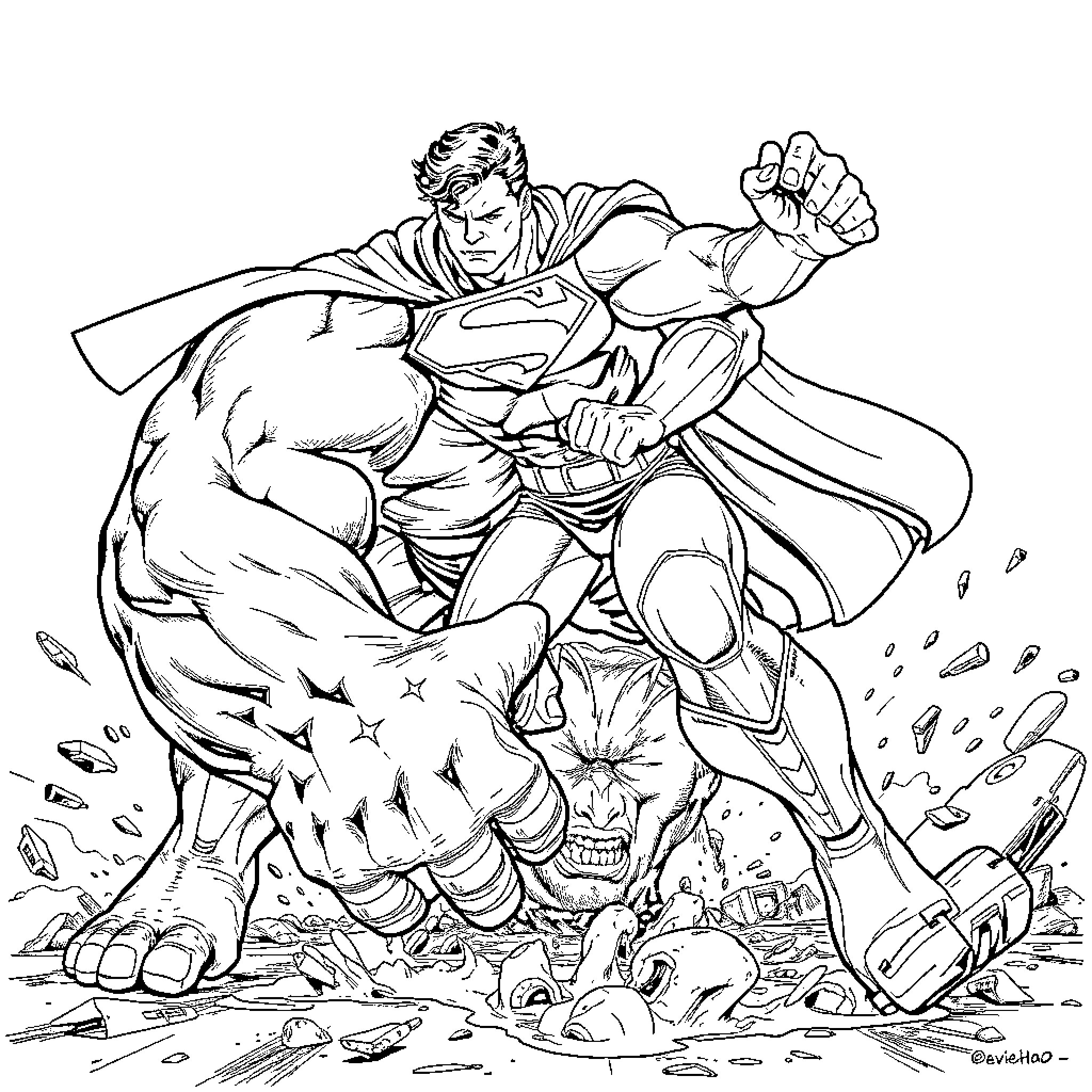 Superman heroically battling a formidable foe Coloring Page (free black-and-white line drawing printable PDF for all, from beginners to advanced learners, including children, teens, adults, and seniors)