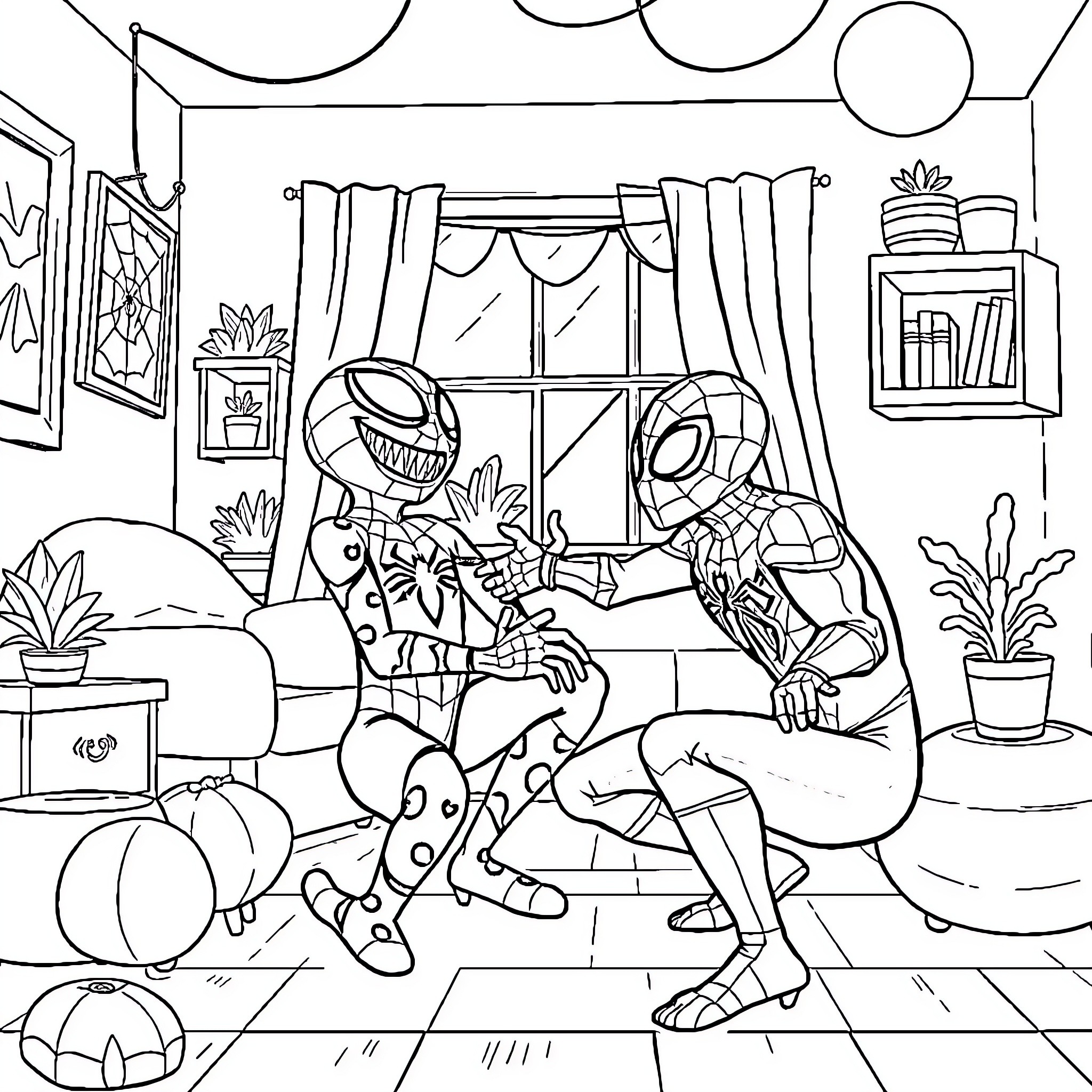Pat Patrowl relaxing in cozy room Coloring Page (free black-and-white line drawing printable PDF for all, from beginners to advanced learners, including children, teens, adults, and seniors)