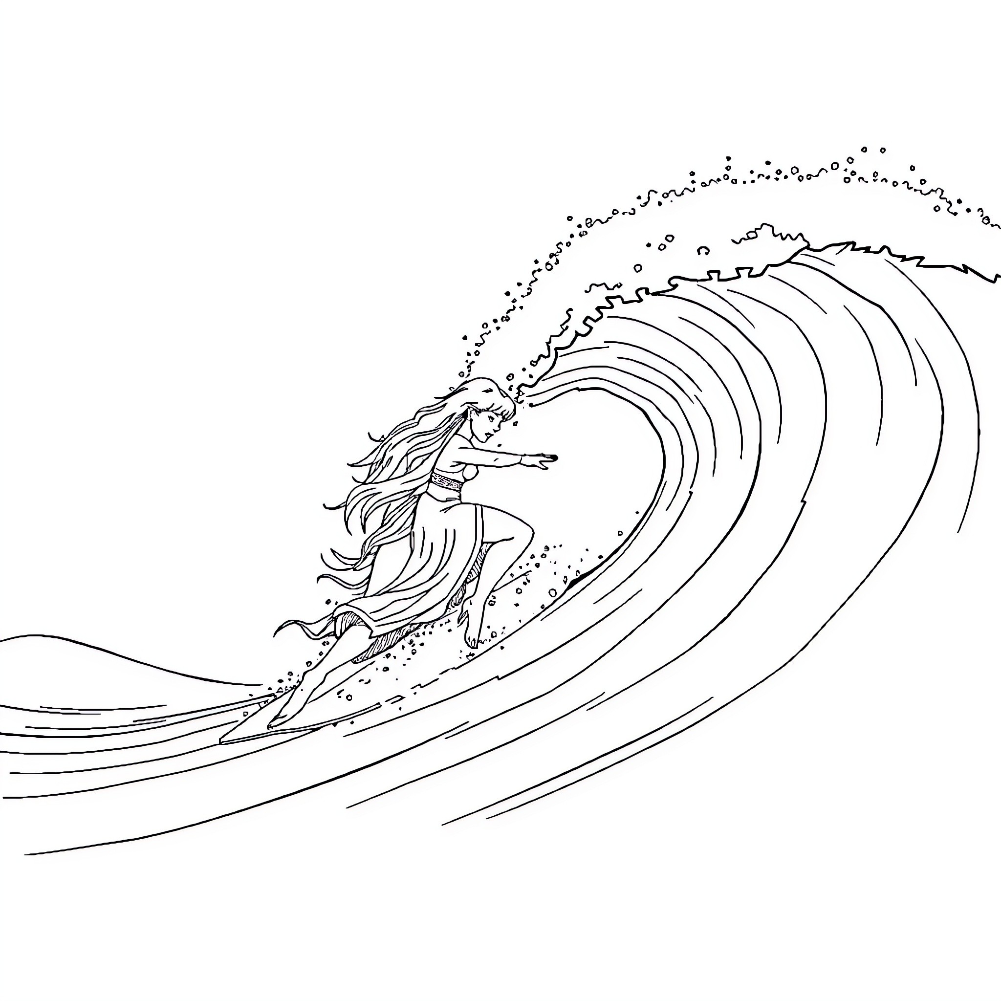Snow Queen surfing the massive wave Coloring Page (free black-and-white line drawing printable PDF for all, from beginners to advanced learners, including children, teens, adults, and seniors)