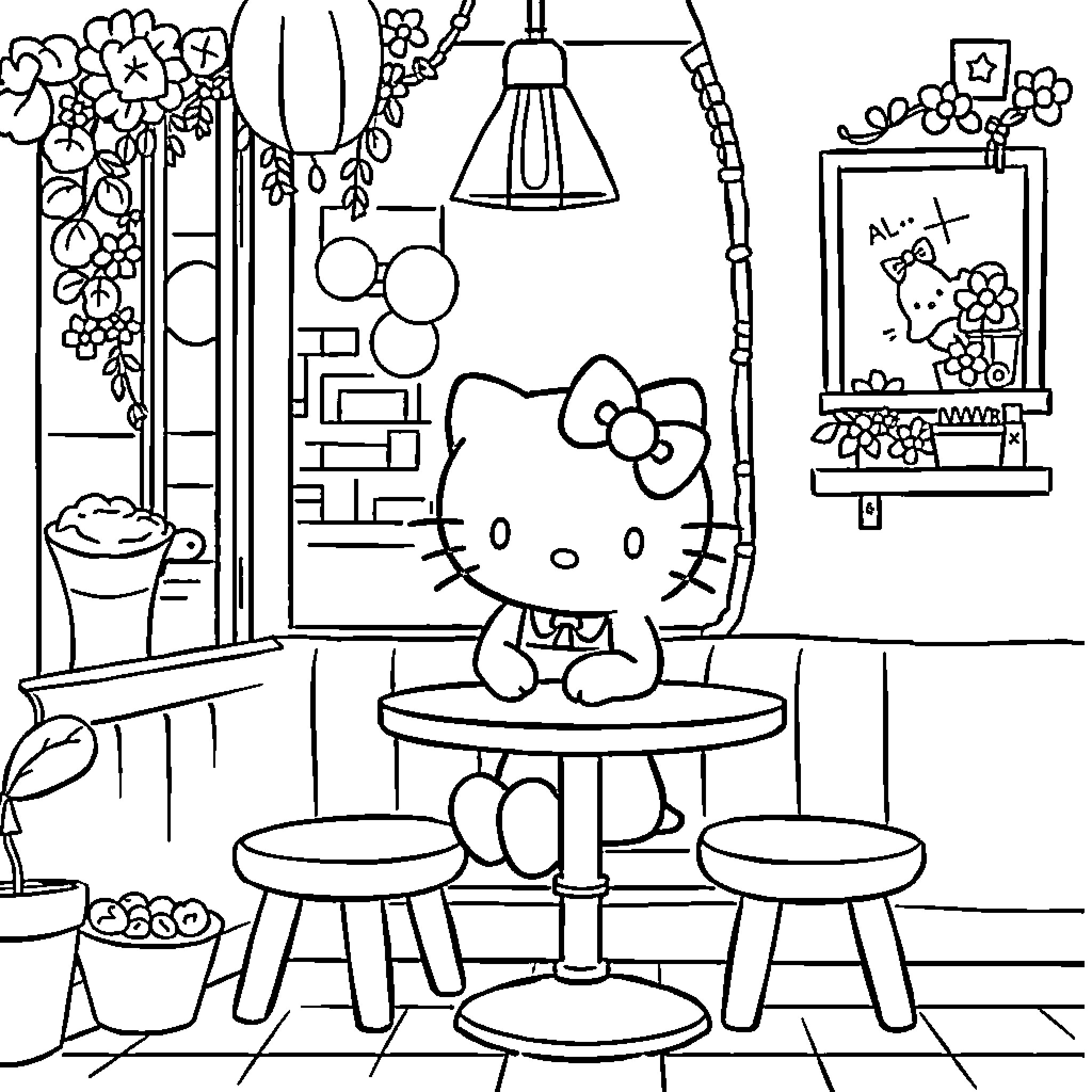 Hello Kitty enjoying a cozy cafe setting Coloring Page (free black-and-white line drawing printable PDF for all, from beginners to advanced learners, including children, teens, adults, and seniors)