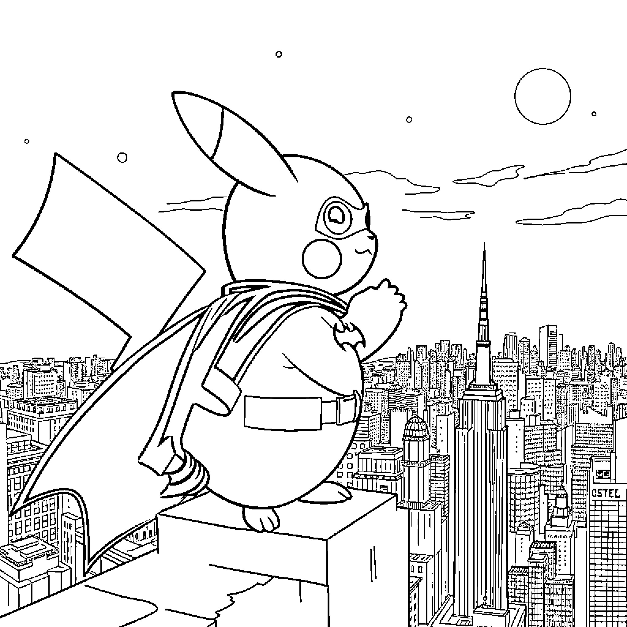 Pikachu soaring above the cityscape with a backpack Coloring Page (free black-and-white line drawing printable PDF for all, from beginners to advanced learners, including children, teens, adults, and seniors)