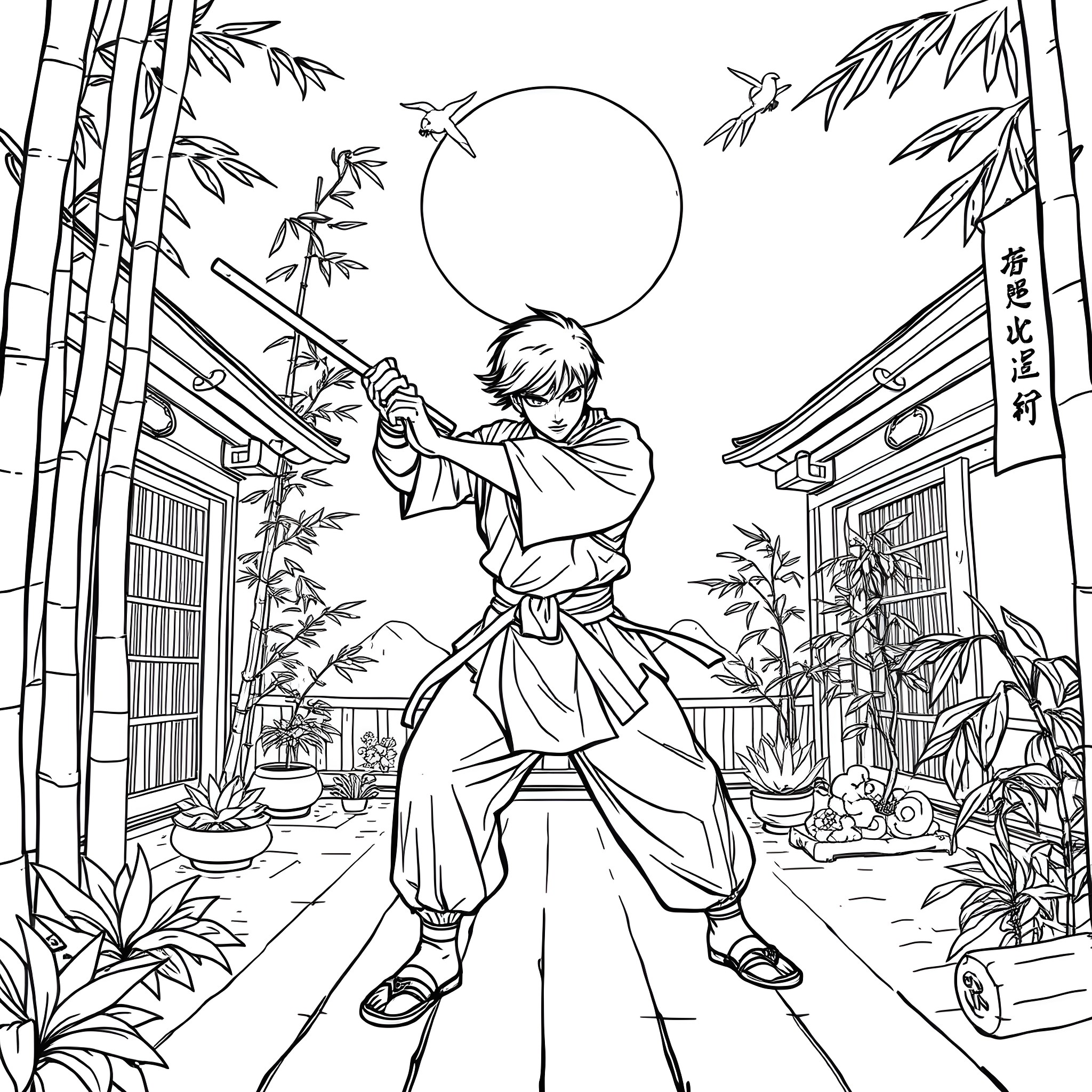 Leonardo's Martial Arts Mastery in a Japanese Garden Coloring Page (free black-and-white line drawing printable PDF for all, from beginners to advanced learners, including children, teens, adults, and seniors)
