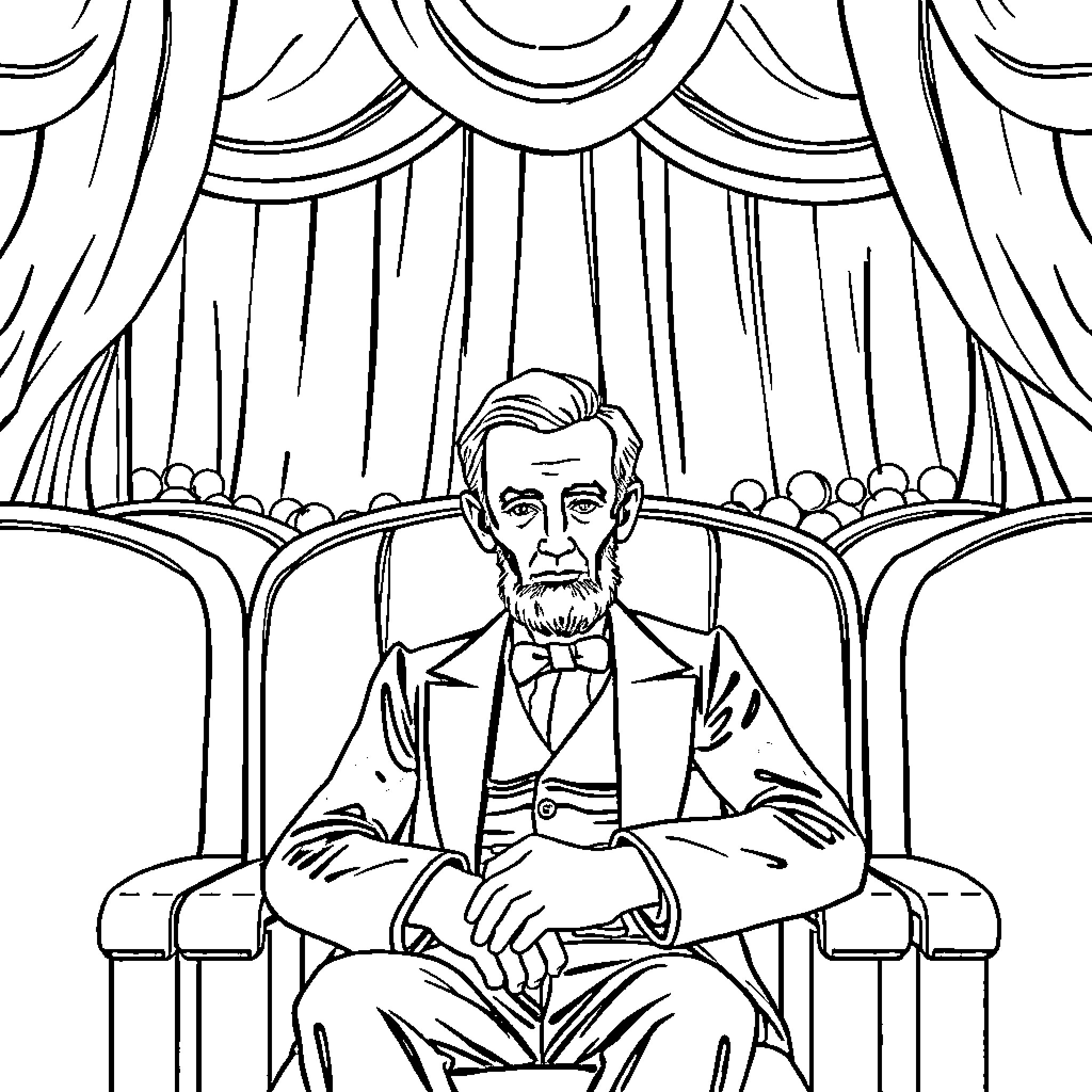 Abraham Lincoln seated on stage with curtain backdrop Coloring Page (free black-and-white line drawing printable PDF for all, from beginners to advanced learners, including children, teens, adults, and seniors)