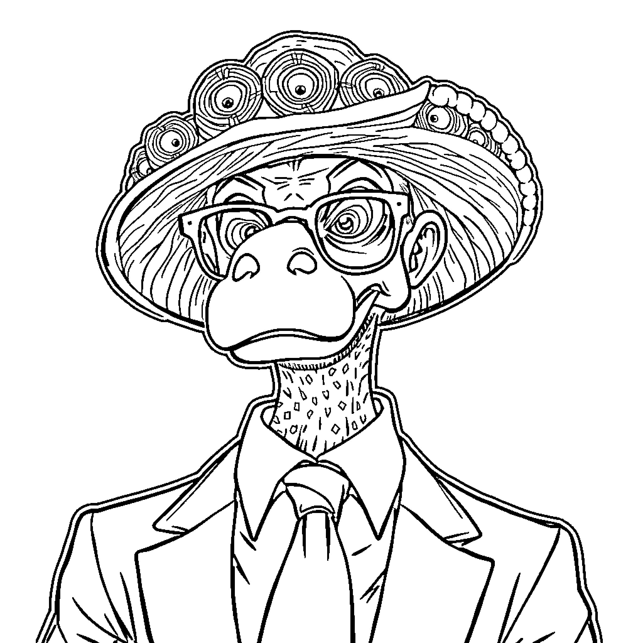 Capybara in a stylish hat and glasses Coloring Page (free black-and-white line drawing printable PDF for all, from beginners to advanced learners, including children, teens, adults, and seniors)