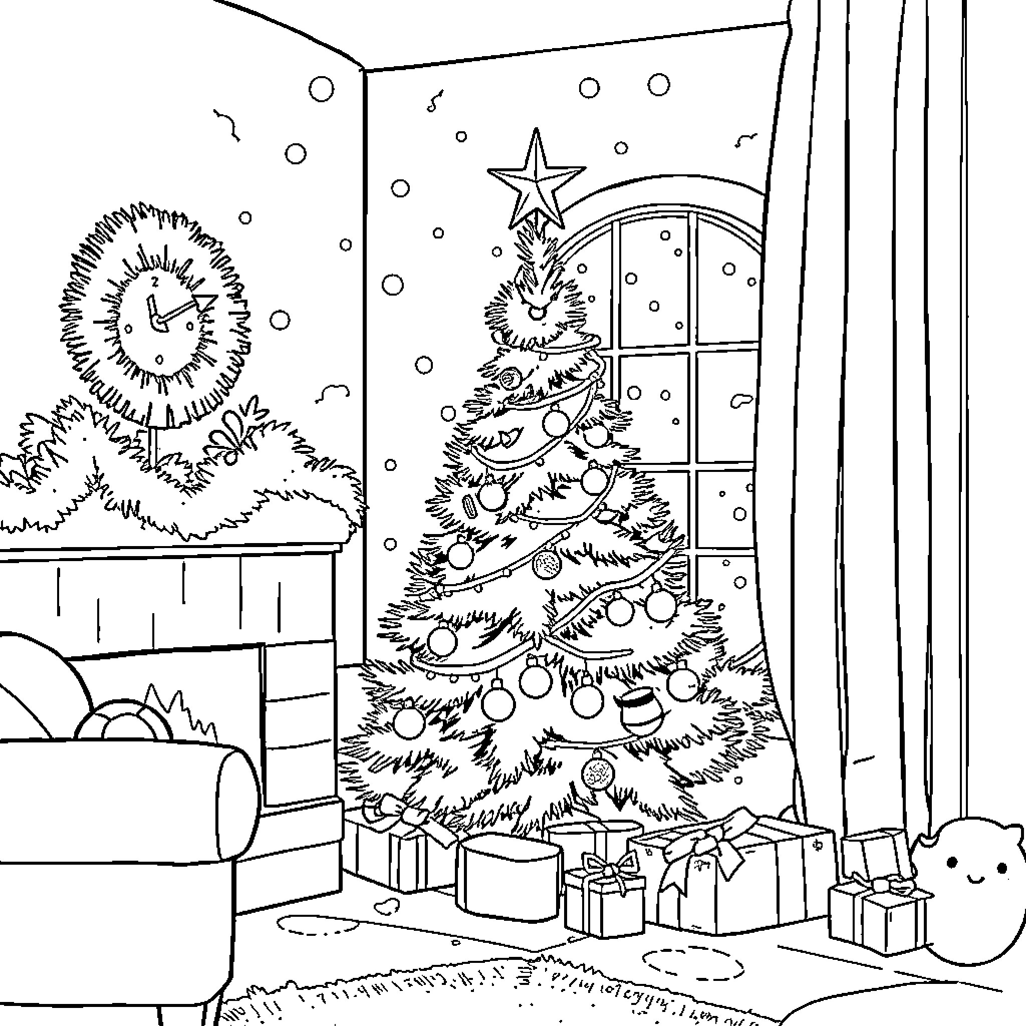 Christmas scene with decorated tree and presents Coloring Page (free black-and-white line drawing printable PDF for all, from beginners to advanced learners, including children, teens, adults, and seniors)