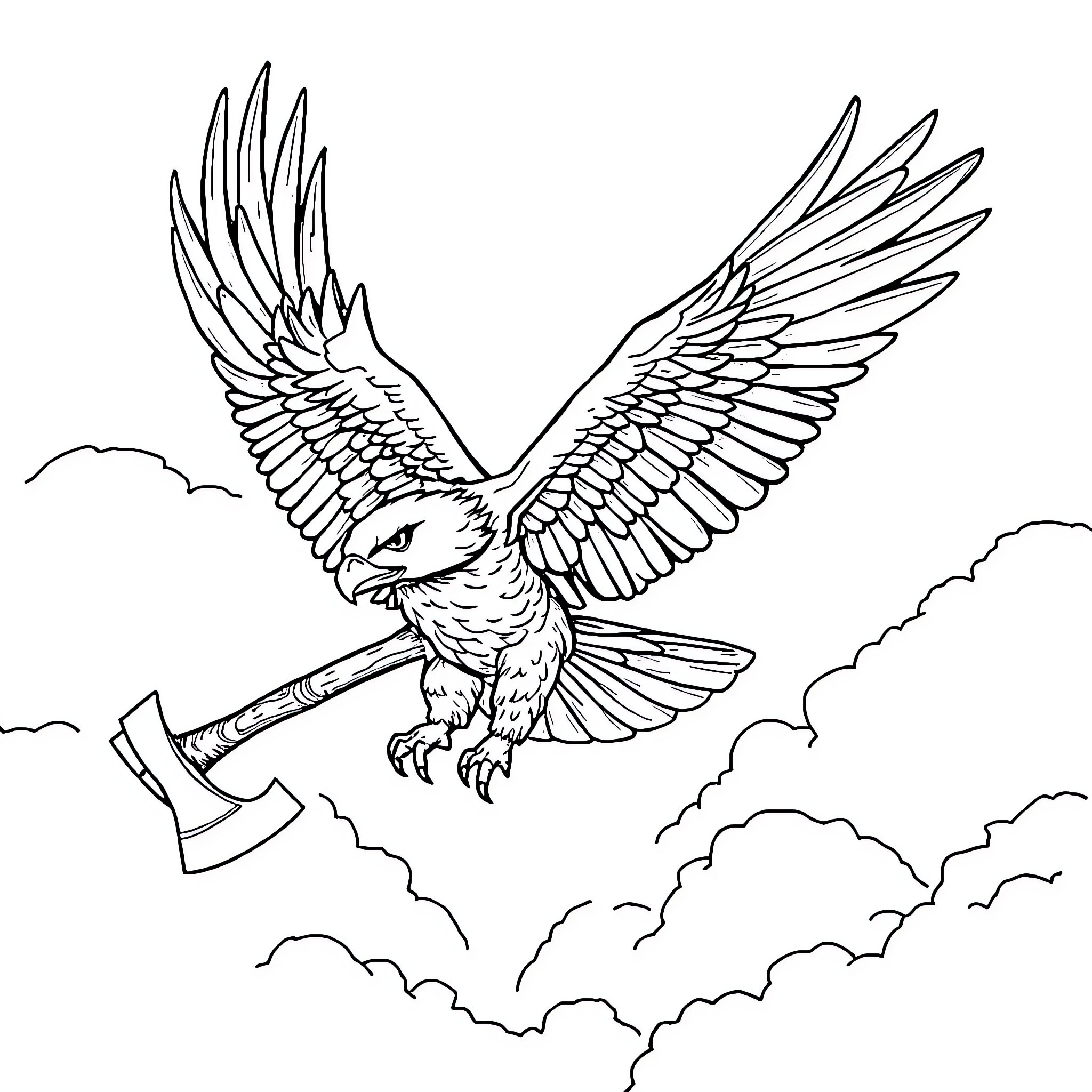 Eagle soaring with axe in cloudy sky Coloring Page (free black-and-white line drawing printable PDF for all, from beginners to advanced learners, including children, teens, adults, and seniors)