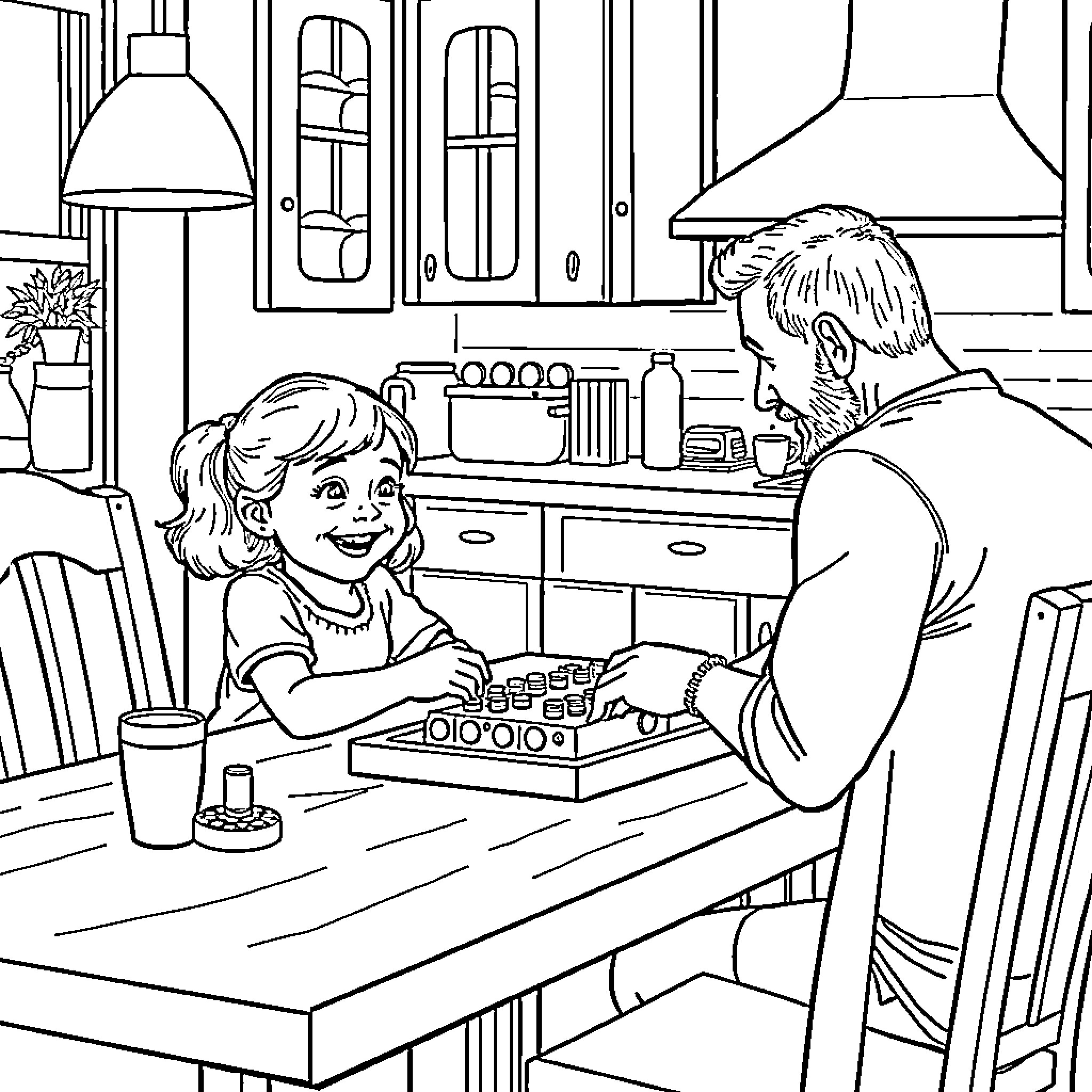Girl Playing with Father in Kitchen Coloring Page (free black-and-white line drawing printable PDF for all, from beginners to advanced learners, including children, teens, adults, and seniors)