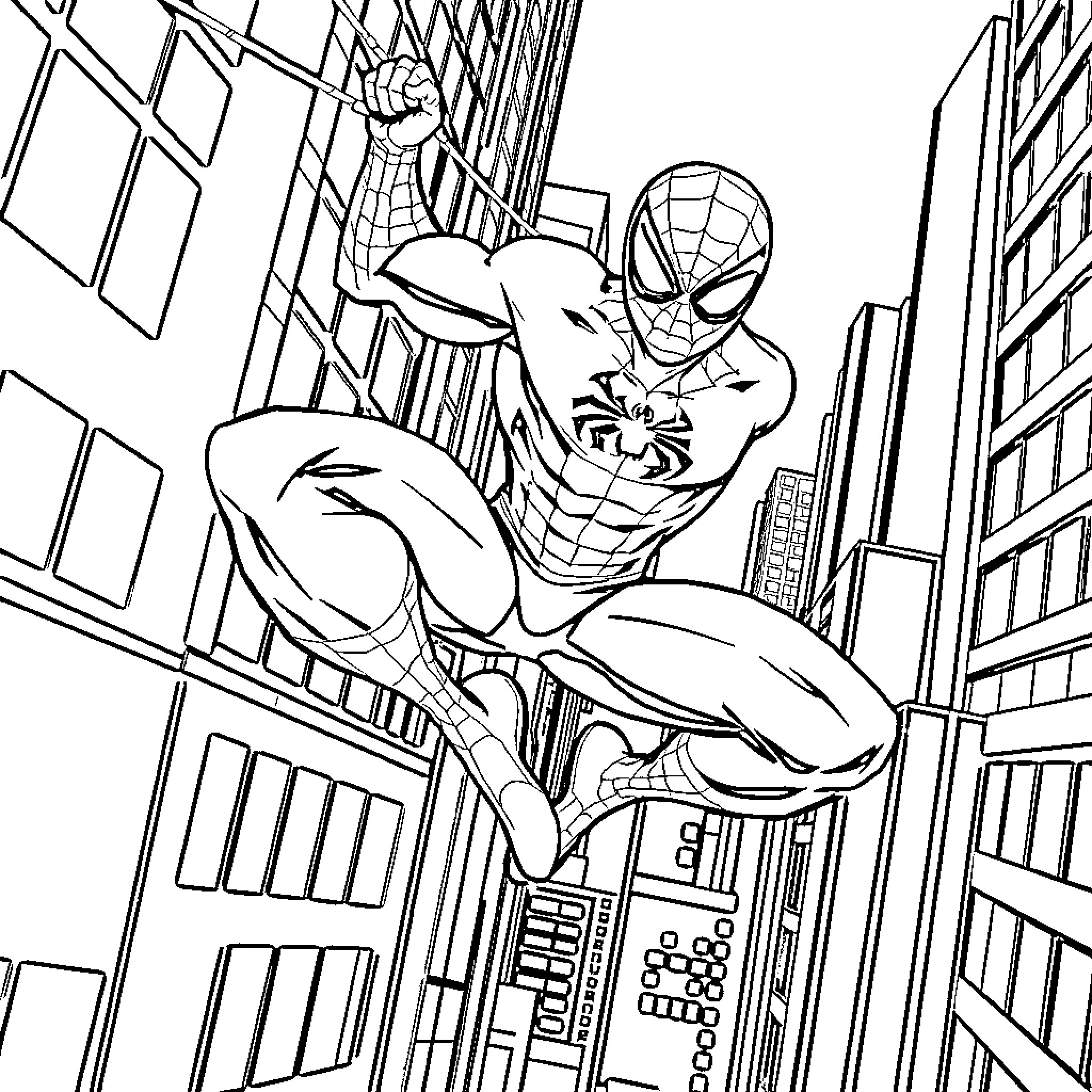 Spider-Man swinging through the city streets Coloring Page (free black-and-white line drawing printable PDF for all, from beginners to advanced learners, including children, teens, adults, and seniors)