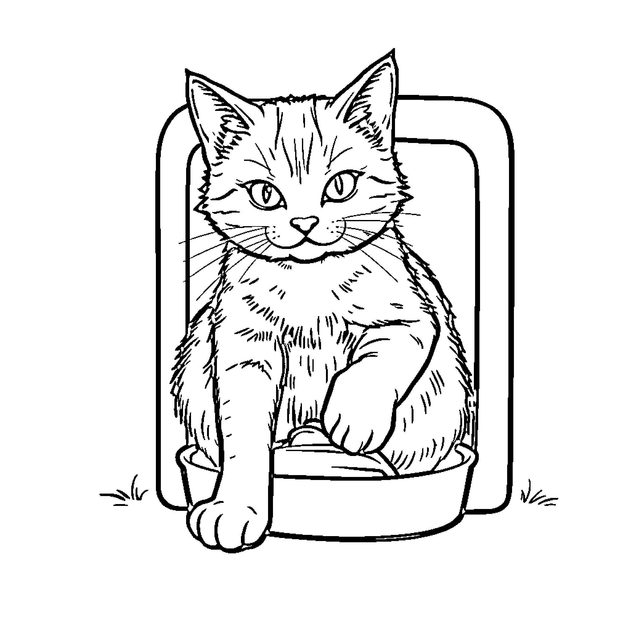 Cat sitting calmly in a picture frame Coloring Page (free black-and-white line drawing printable PDF for all, from beginners to advanced learners, including children, teens, adults, and seniors)