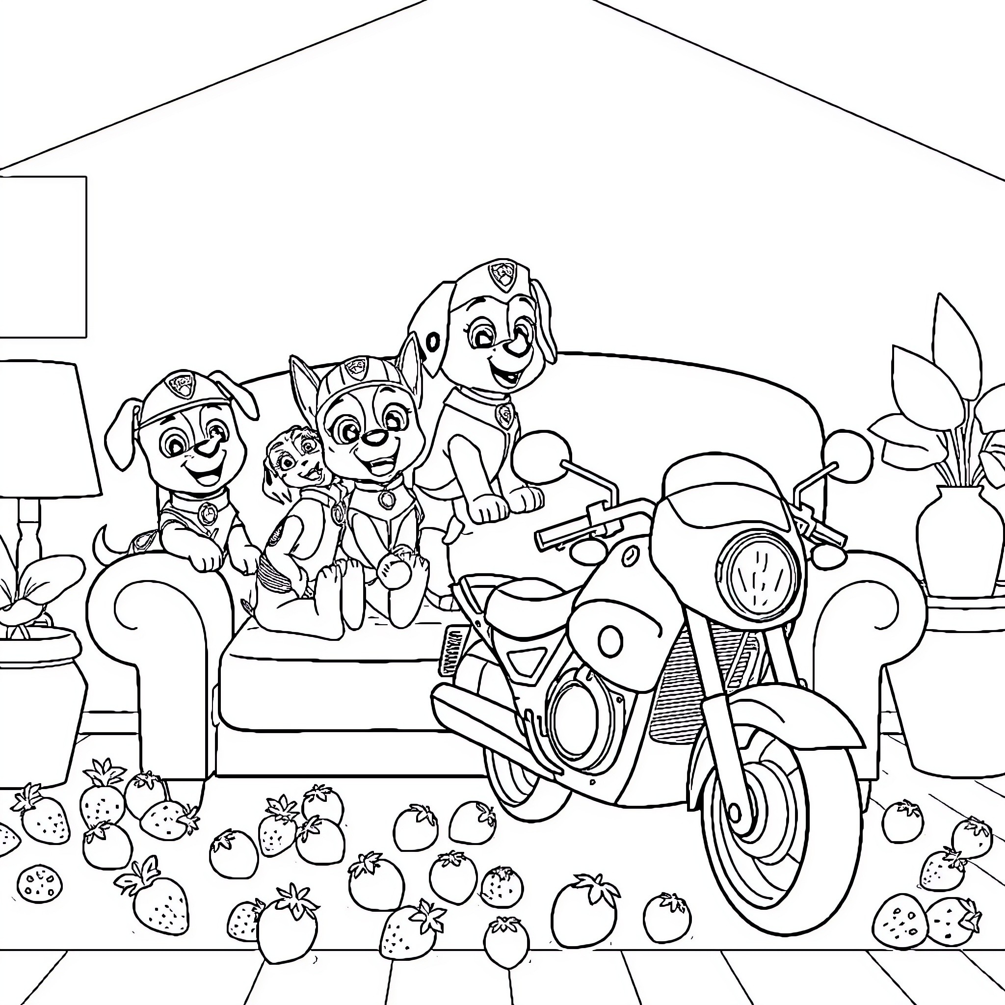 Paw Patrol Pups and Motorcycle in Action Coloring Page (free black-and-white line drawing printable PDF for all, from beginners to advanced learners, including children, teens, adults, and seniors)